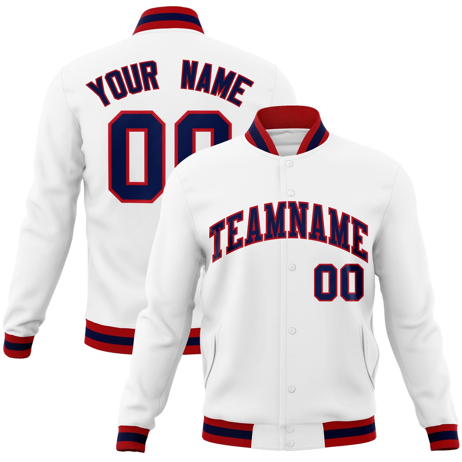 Custom White- Navy-Red Bomber Full-Snap Varsity Letterman Jacket