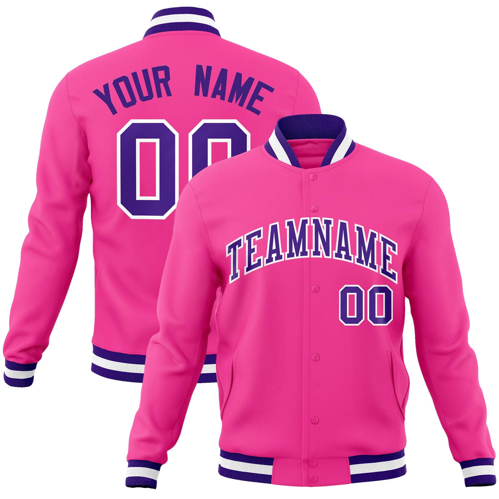 Custom Pink- Purple-White Bomber Full-Snap Varsity Letterman Jacket