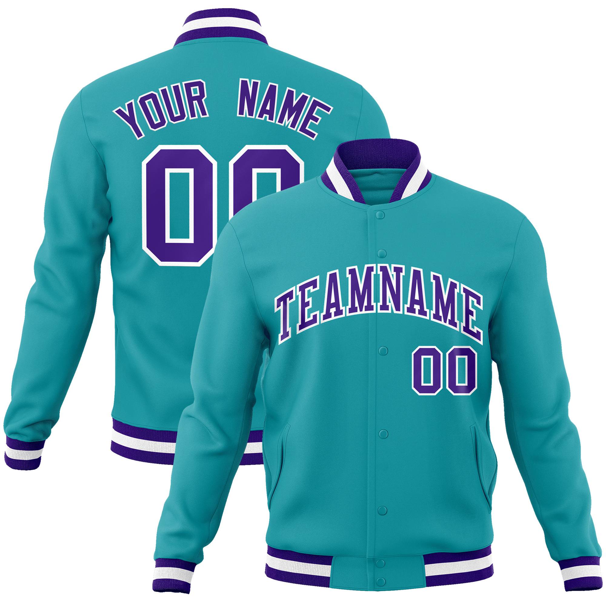 Custom Aqua- Purple-White Bomber Full-Snap Varsity Letterman Jacket