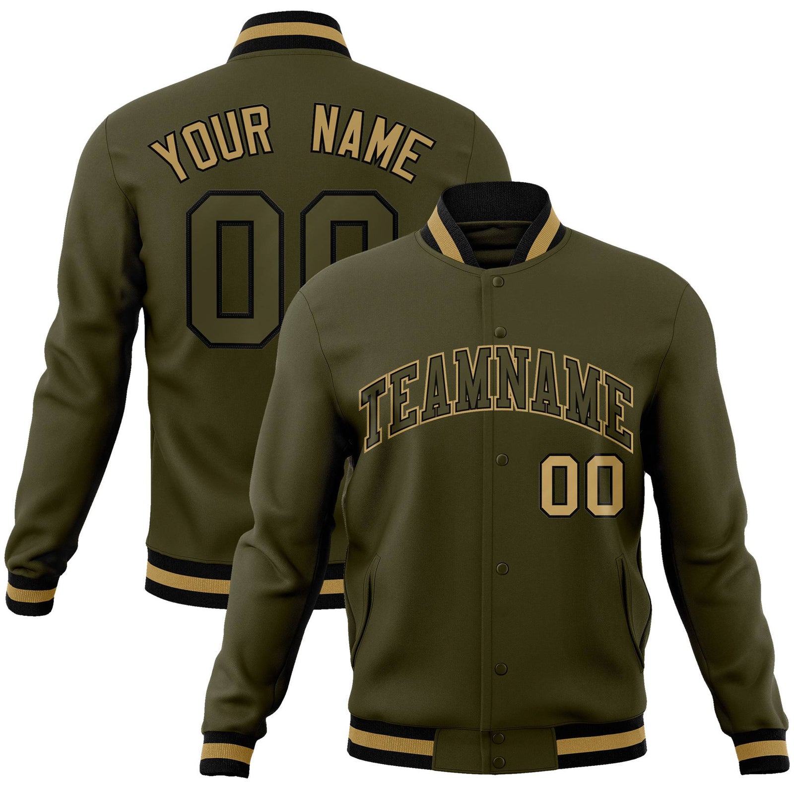 Custom Olive-Old Gold- Black Bomber Full-Snap Varsity Letterman Jacket