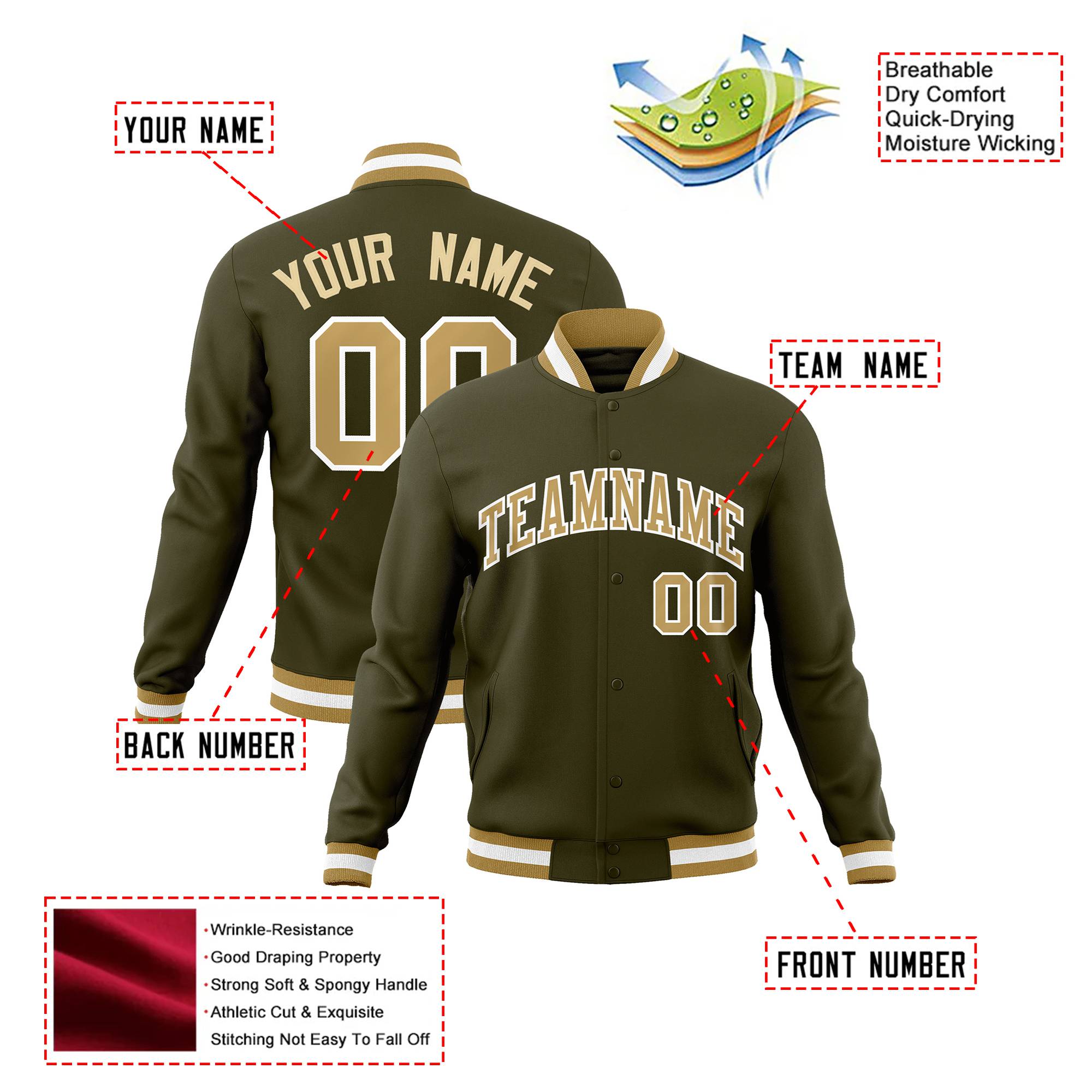 Custom Olive- Old Gold- White Bomber Full-Snap Varsity Letterman Jacket