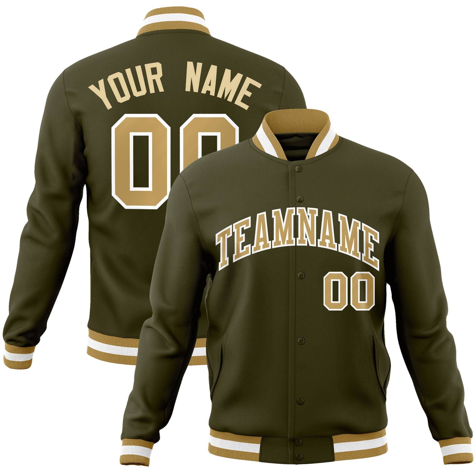 Custom Olive- Old Gold- White Bomber Full-Snap Varsity Letterman Jacket