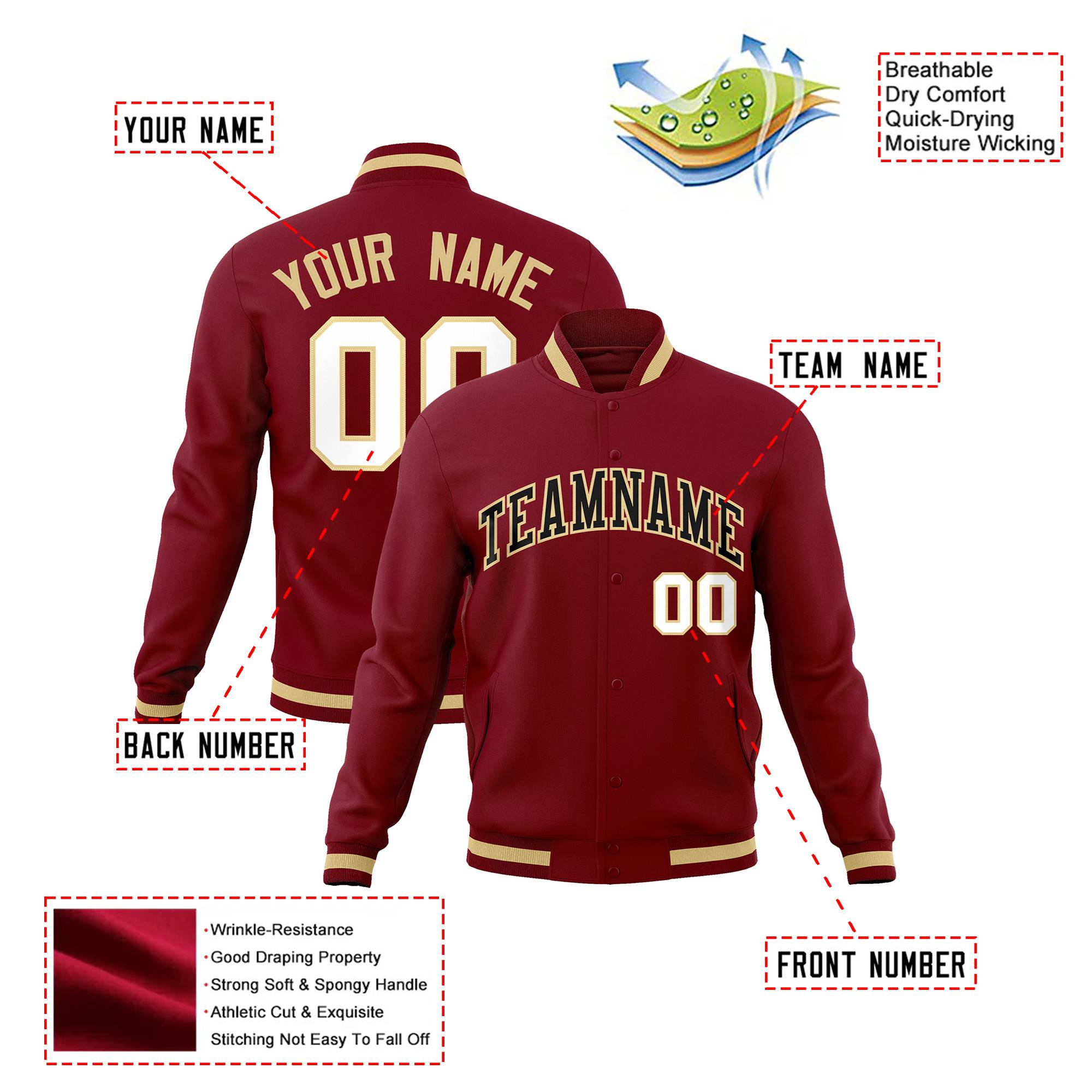 Custom Crimson-Khaki-White Bomber Full-Snap Varsity Letterman Jacket