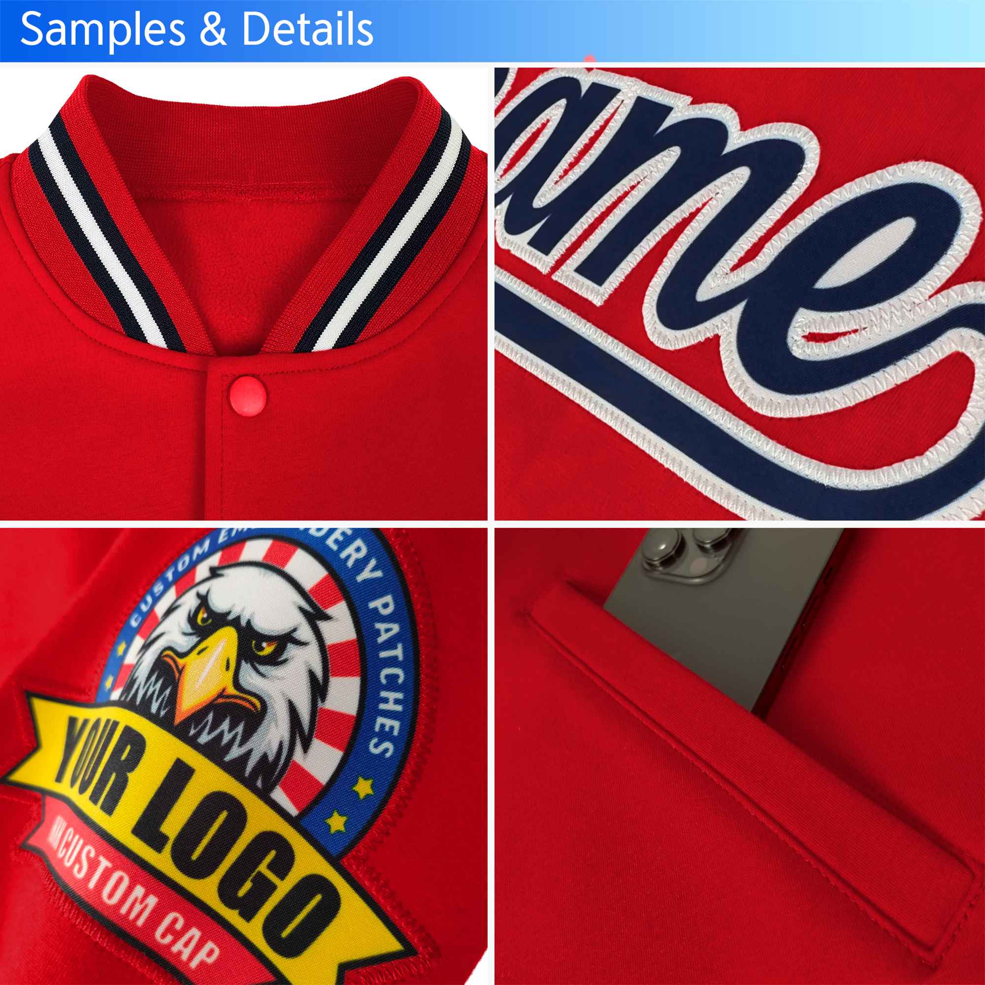 Custom Crimson-Powder Blue -White Bomber Full-Snap Varsity Letterman Jacket