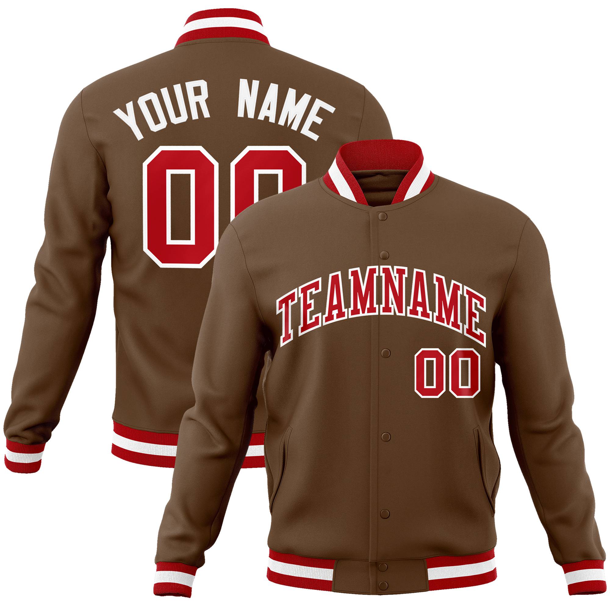 Custom Brown- Red-White Bomber Full-Snap Varsity Letterman Jacket