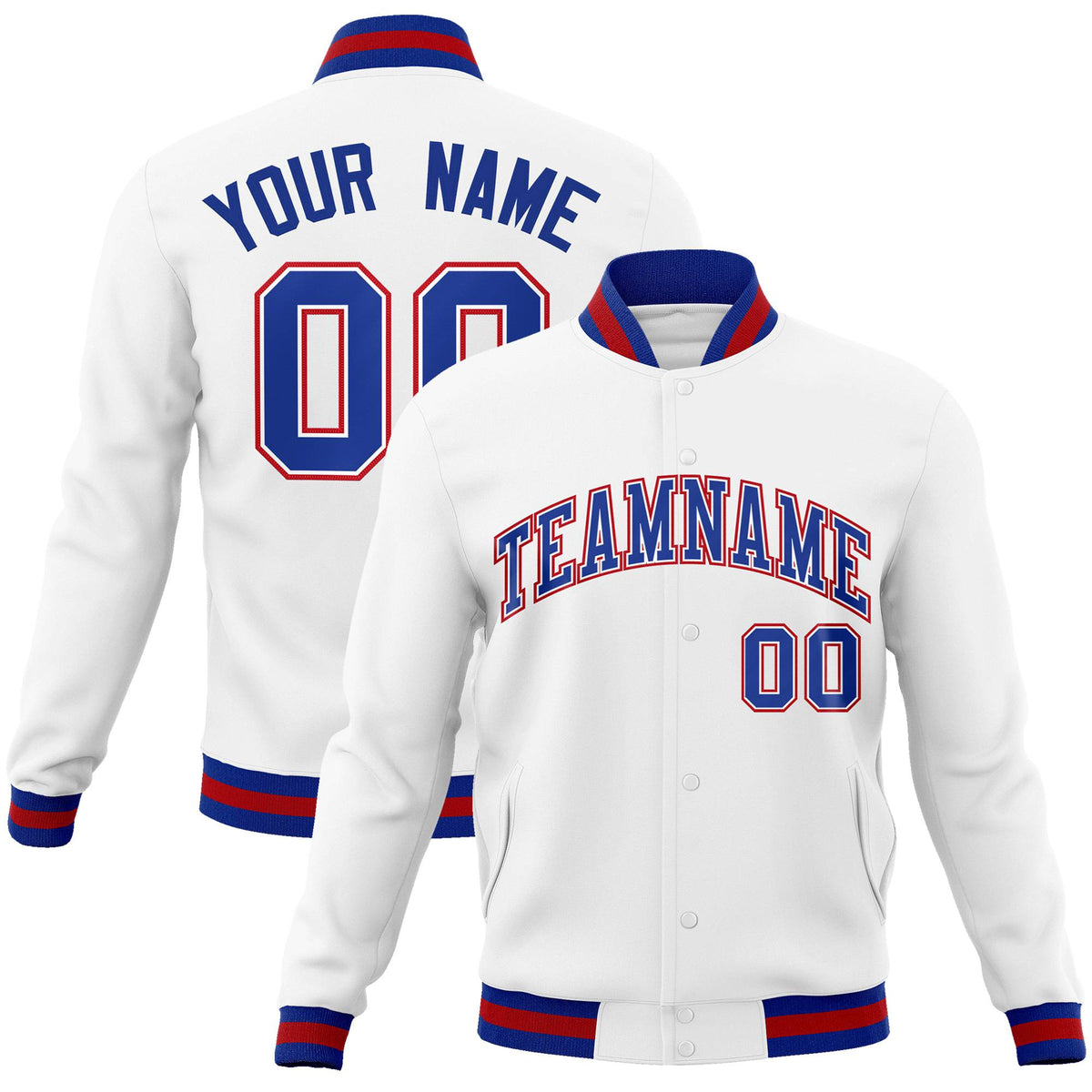 Custom White-Royal Blue-Red Bomber Full-Snap Varsity Letterman Jacket