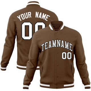 Chaqueta universitaria personalizada con cierre de presión, color marrón, blanco y negro - Estilo 1