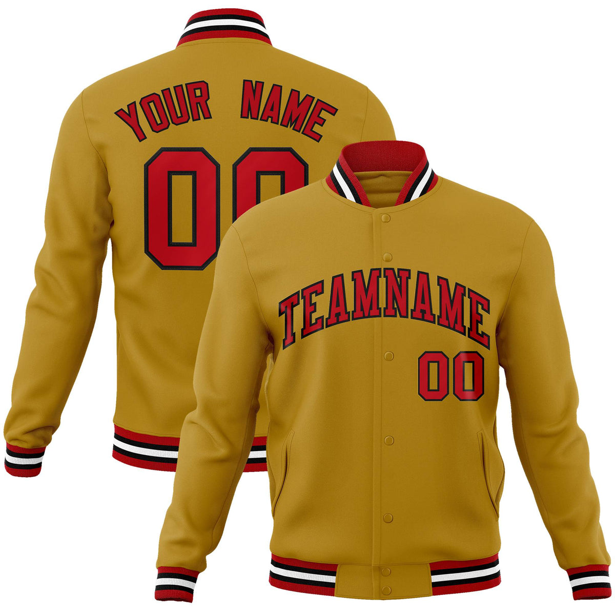 Custom Gold- Red-White Bomber Full-Snap Varsity Letterman Jacket