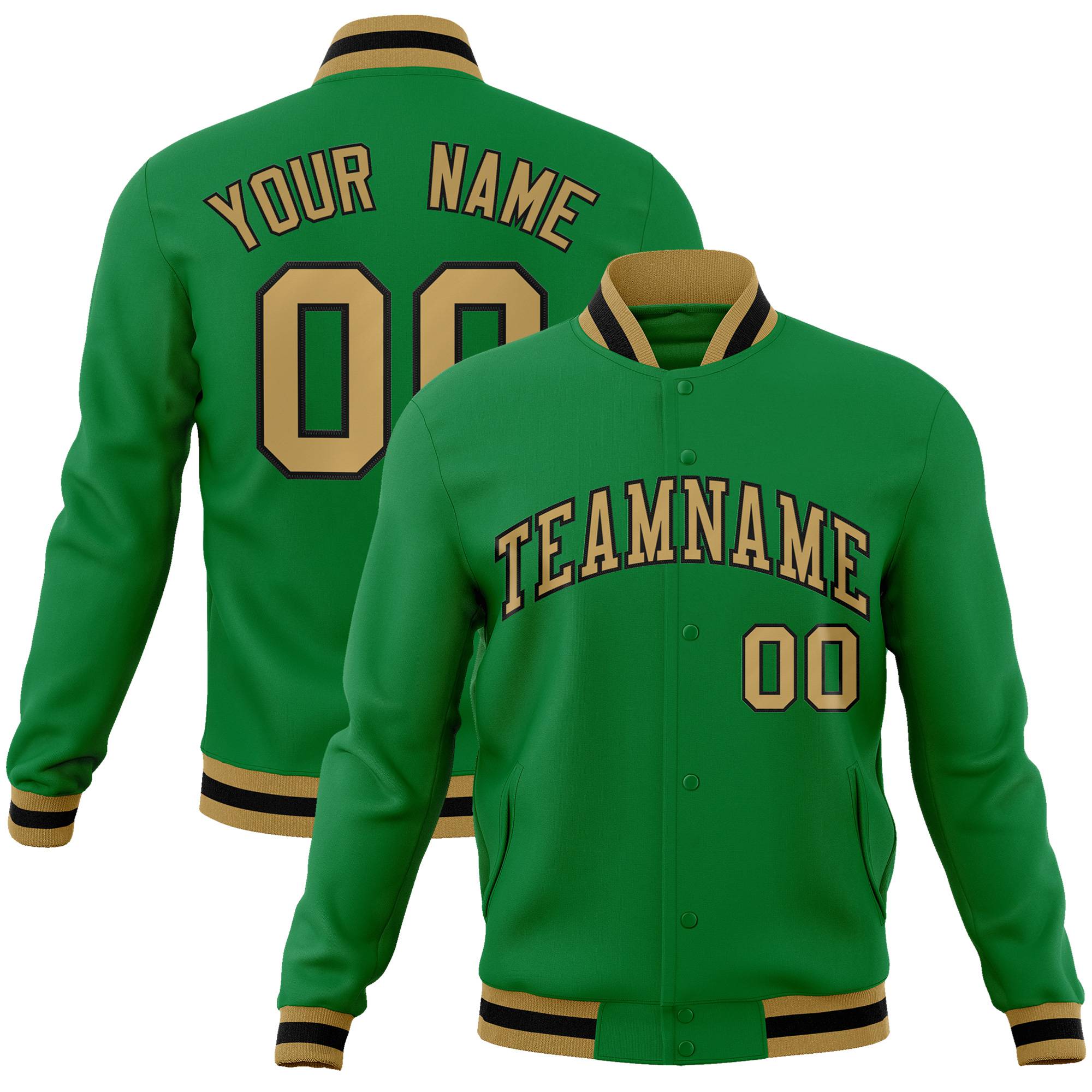 Custom Kelly Green- Old-Gold- Black Bomber Full-Snap Varsity Letterman Jacket