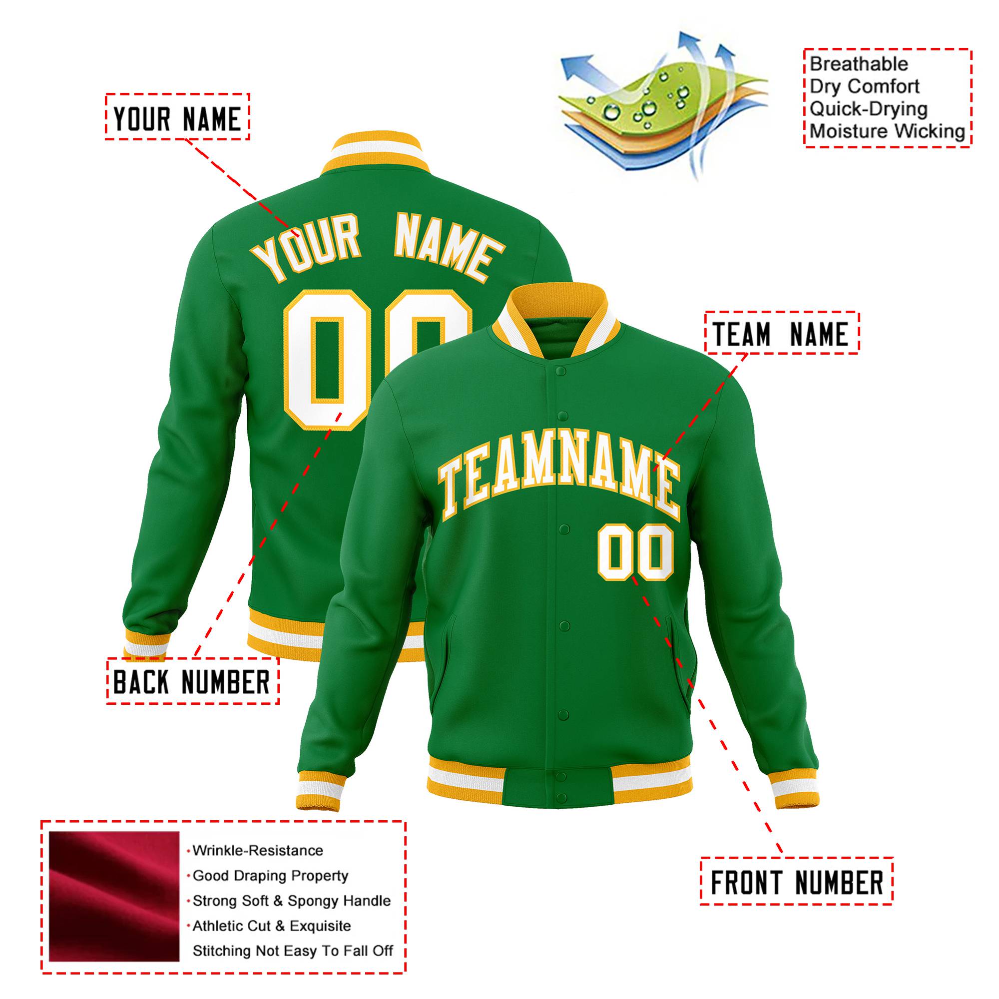 Custom Kelly Green- White-Gold Bomber Full-Snap Varsity Letterman Jacket