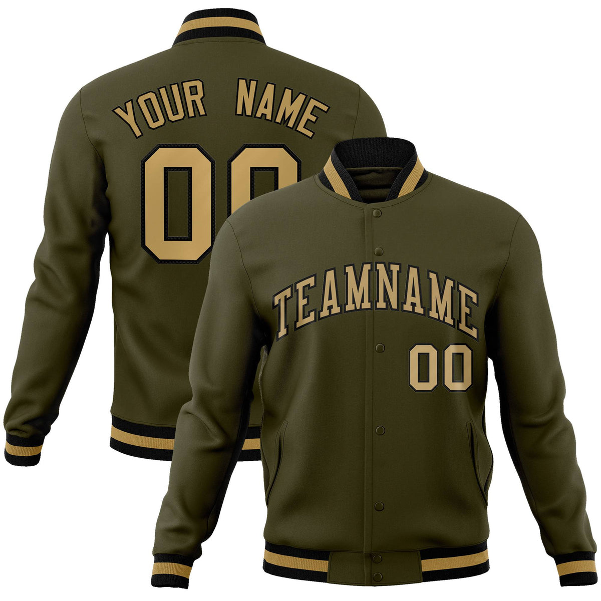 Custom Olive- Old-Gold-Black Bomber Full-Snap Varsity Letterman Jacket