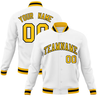 Custom White Gold Black Bomber Full-Snap Varsity Letterman Jacket - Style 1