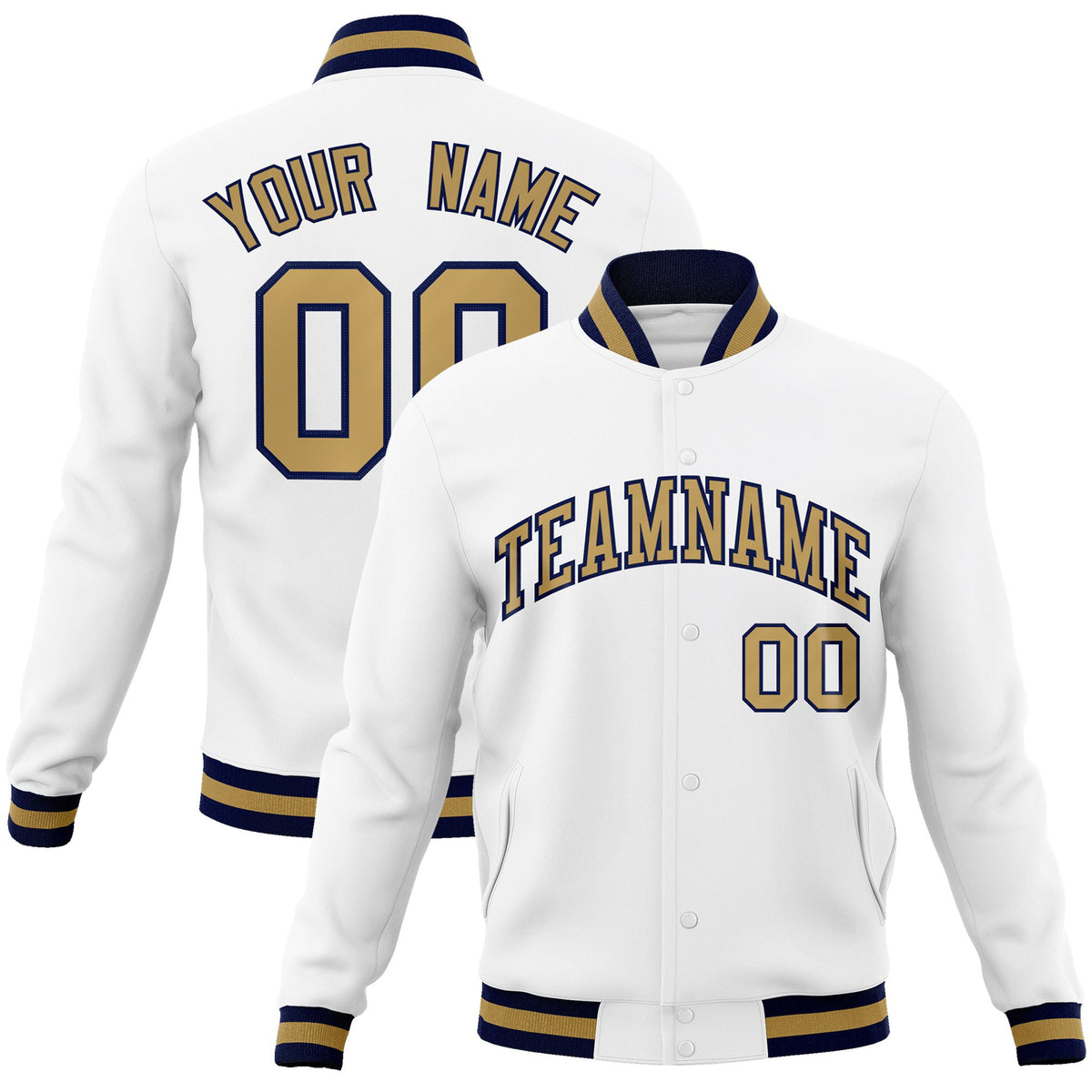 Custom White- Old Gold- Navy Bomber Full-Snap Varsity Letterman Jacket