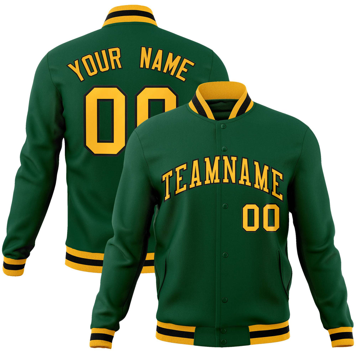 Custom Midnight-Green Yellow-Black Bomber Full-Snap Varsity Letterman Jacket