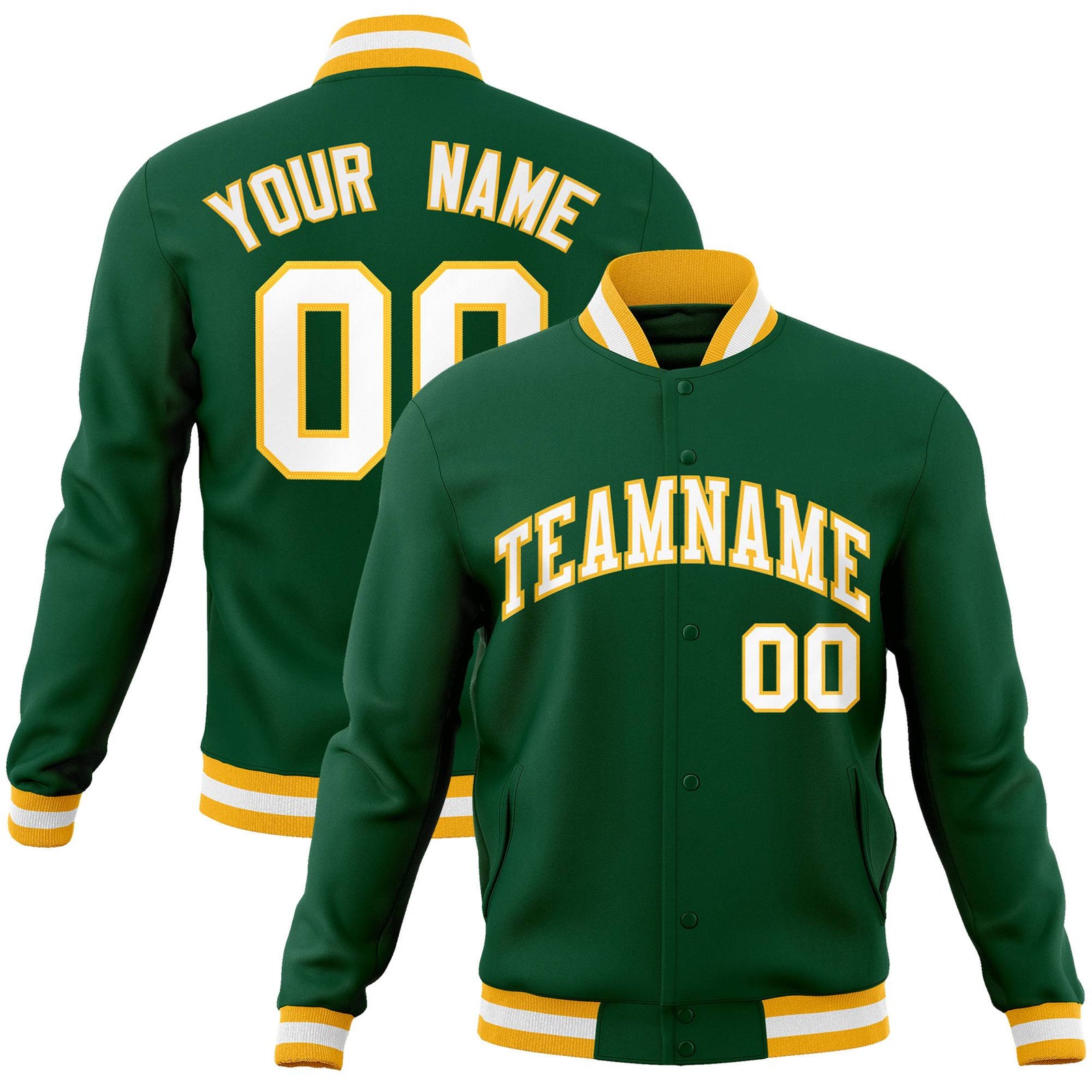 Custom Midnight Green- White-Gold Bomber Full-Snap Varsity Letterman Jacket