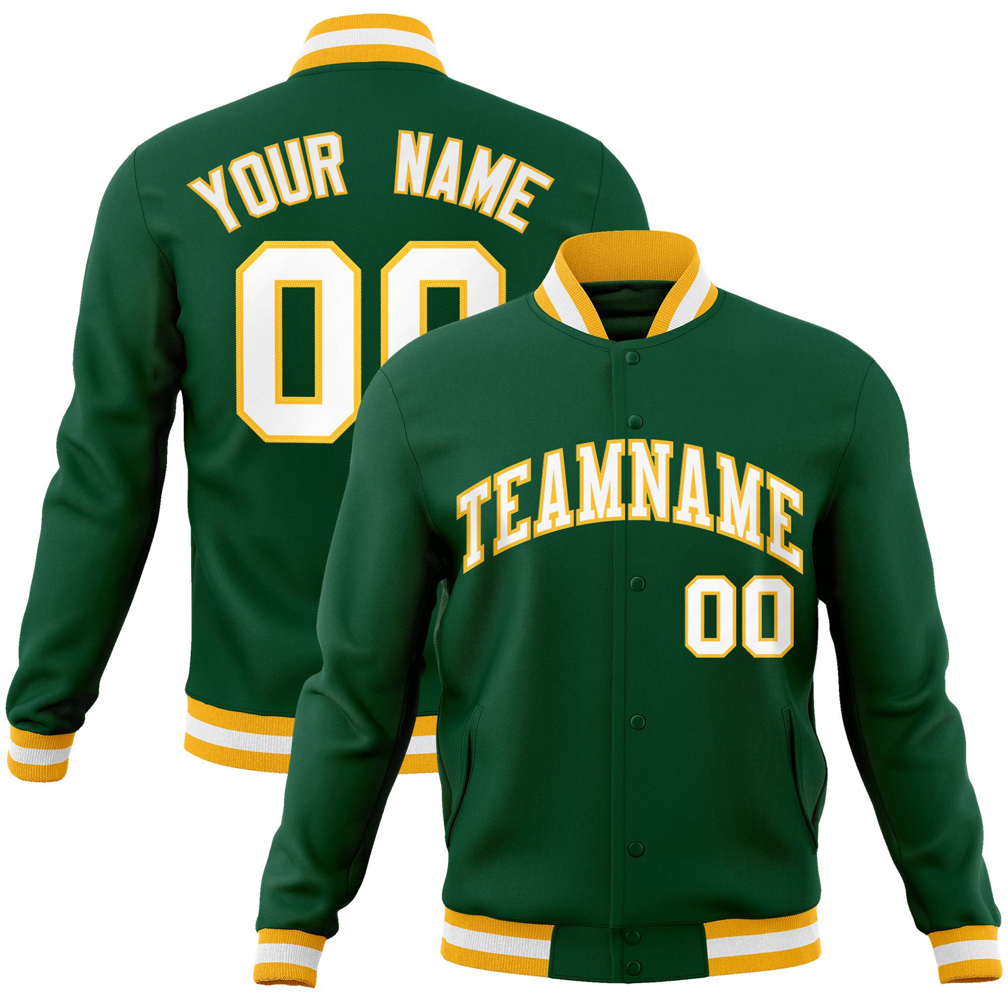 Custom Midnight Green- White-Gold Bomber Full-Snap Varsity Letterman Jacket