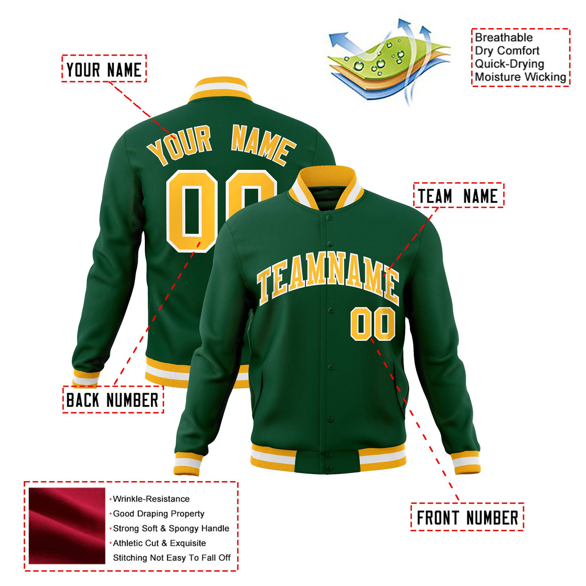 Custom Midnight Green- Yellow-White Bomber Full-Snap Varsity Letterman Jacket