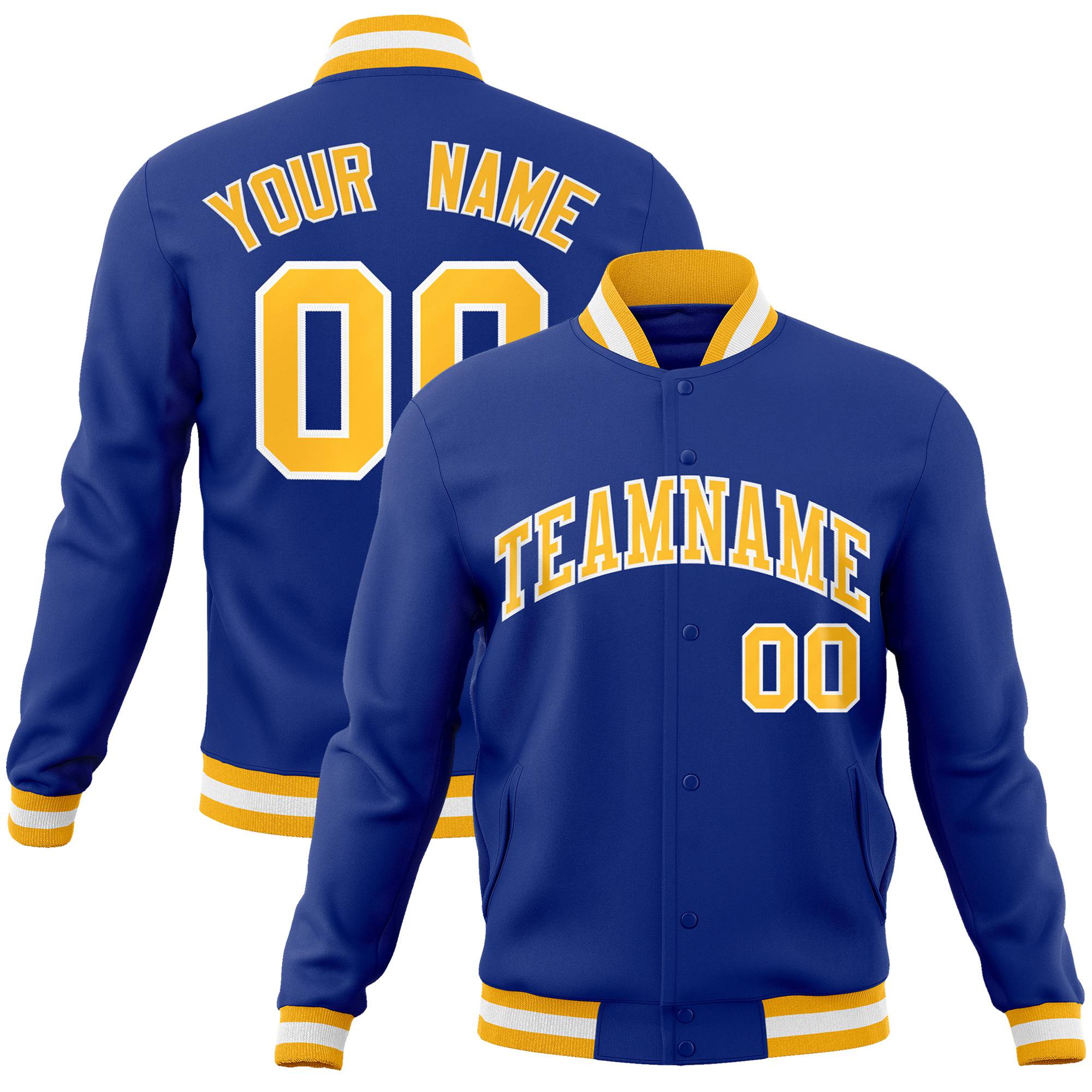 Custom Royal Blue-Yellow-White Bomber Full-Snap Varsity Letterman Jacket