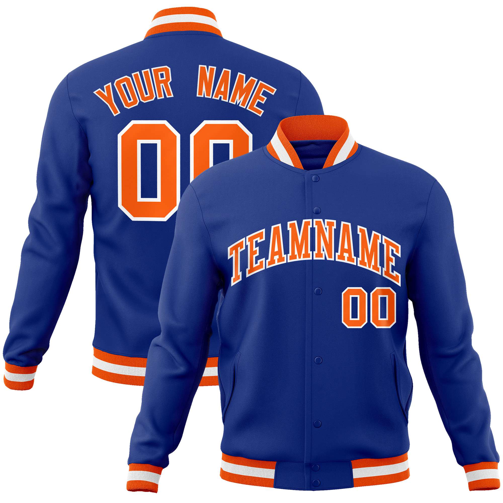 Custom Royal Blue- Orange-White Bomber Full-Snap Varsity Letterman Jacket