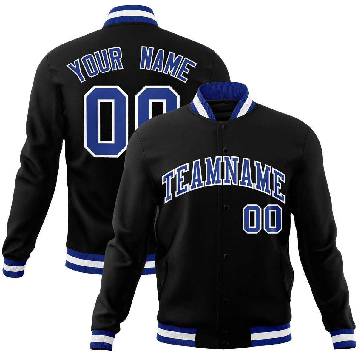 Custom Black-Royal Blue-White Bomber Full-Snap Varsity Letterman Jacket