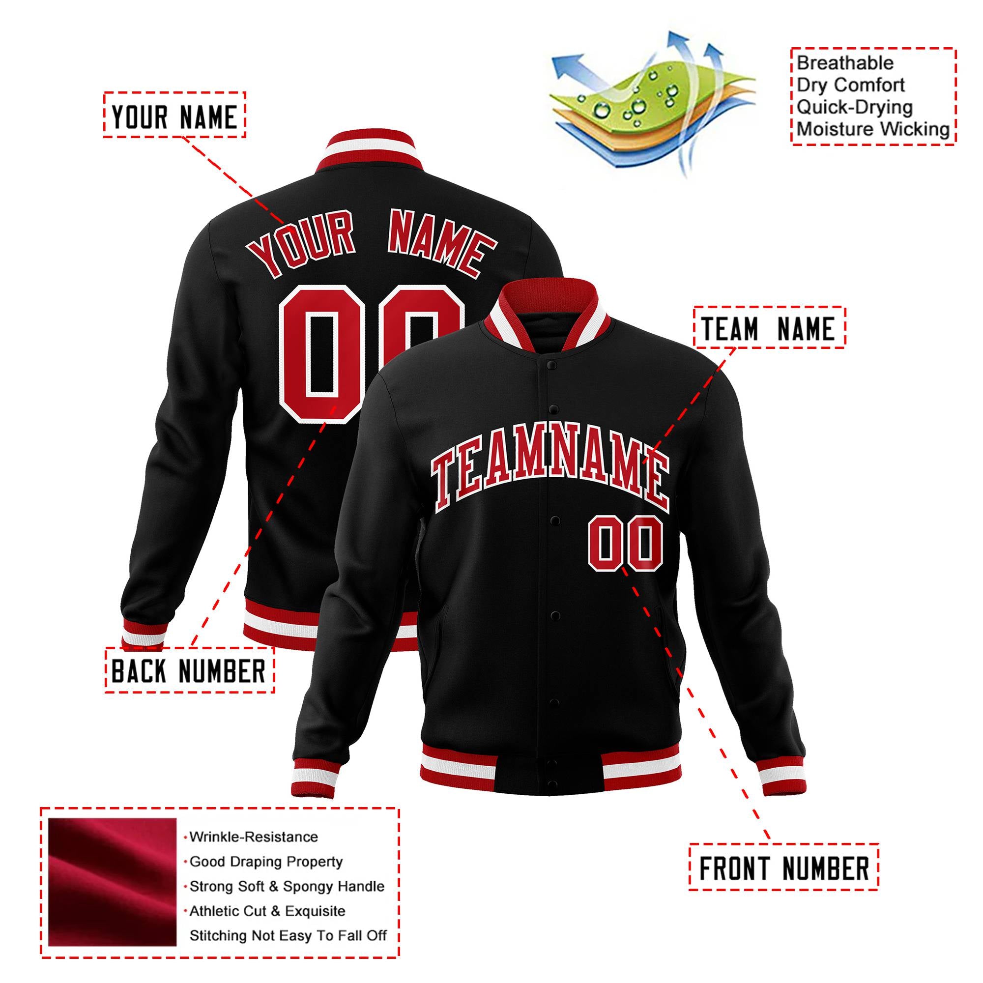 Custom Black- Red-White Bomber Full-Snap Varsity Letterman Jacket