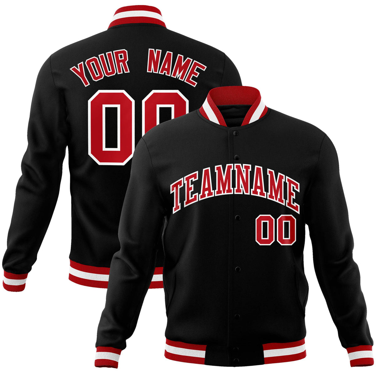 Custom Black- Red-White Bomber Full-Snap Varsity Letterman Jacket