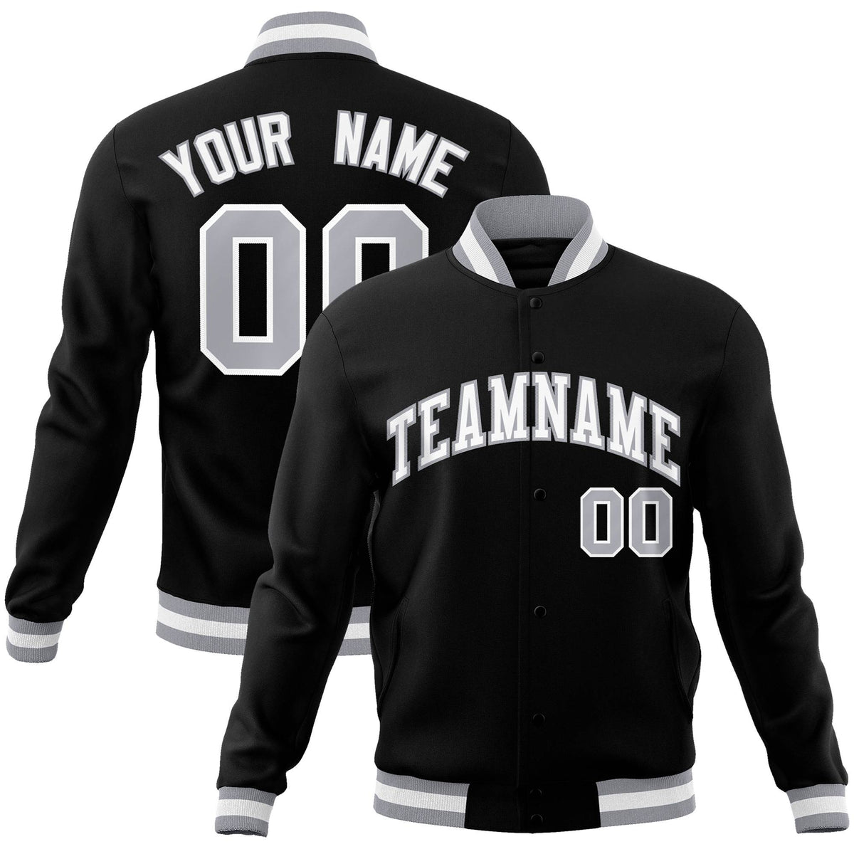 Custom Black- Gray-White Bomber Full-Snap Varsity Letterman Jacket