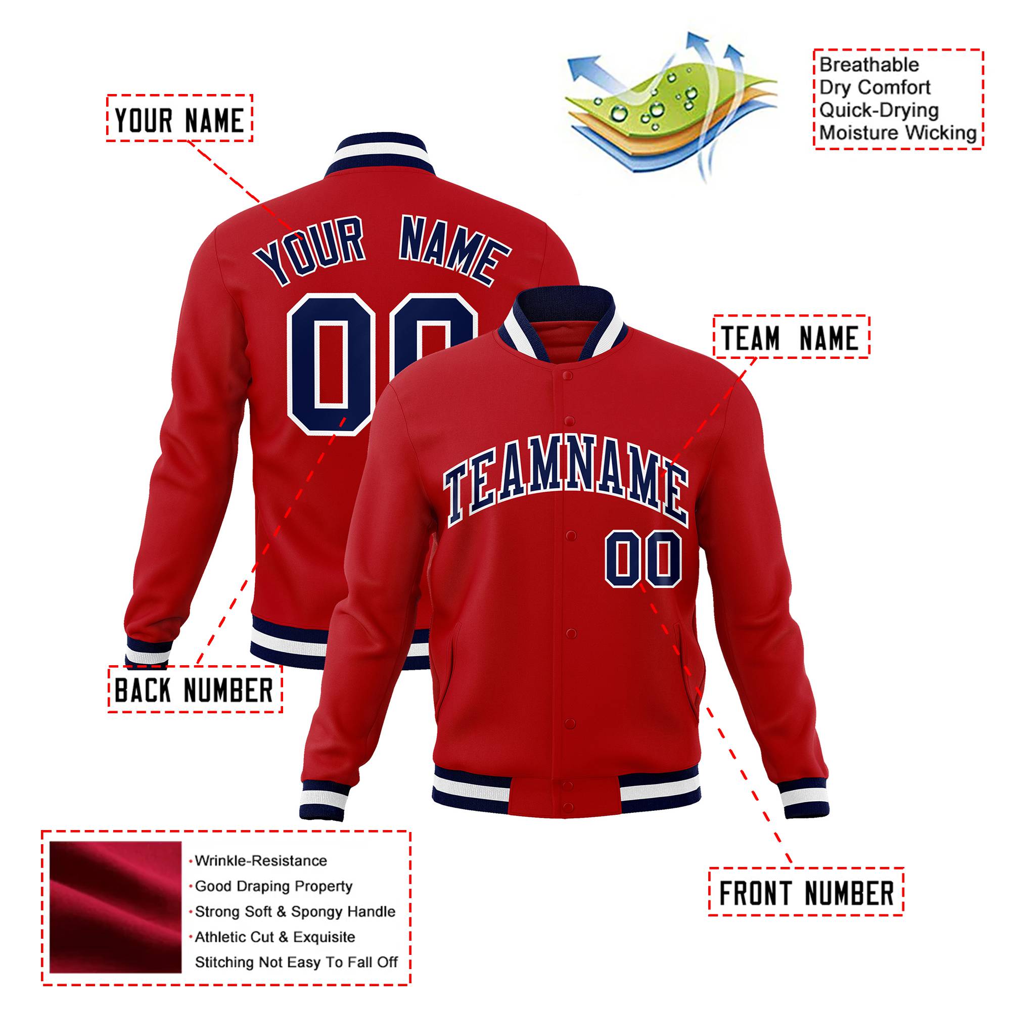 Custom Royal- Red- Navy Bomber Full-Snap Varsity Letterman Jacket