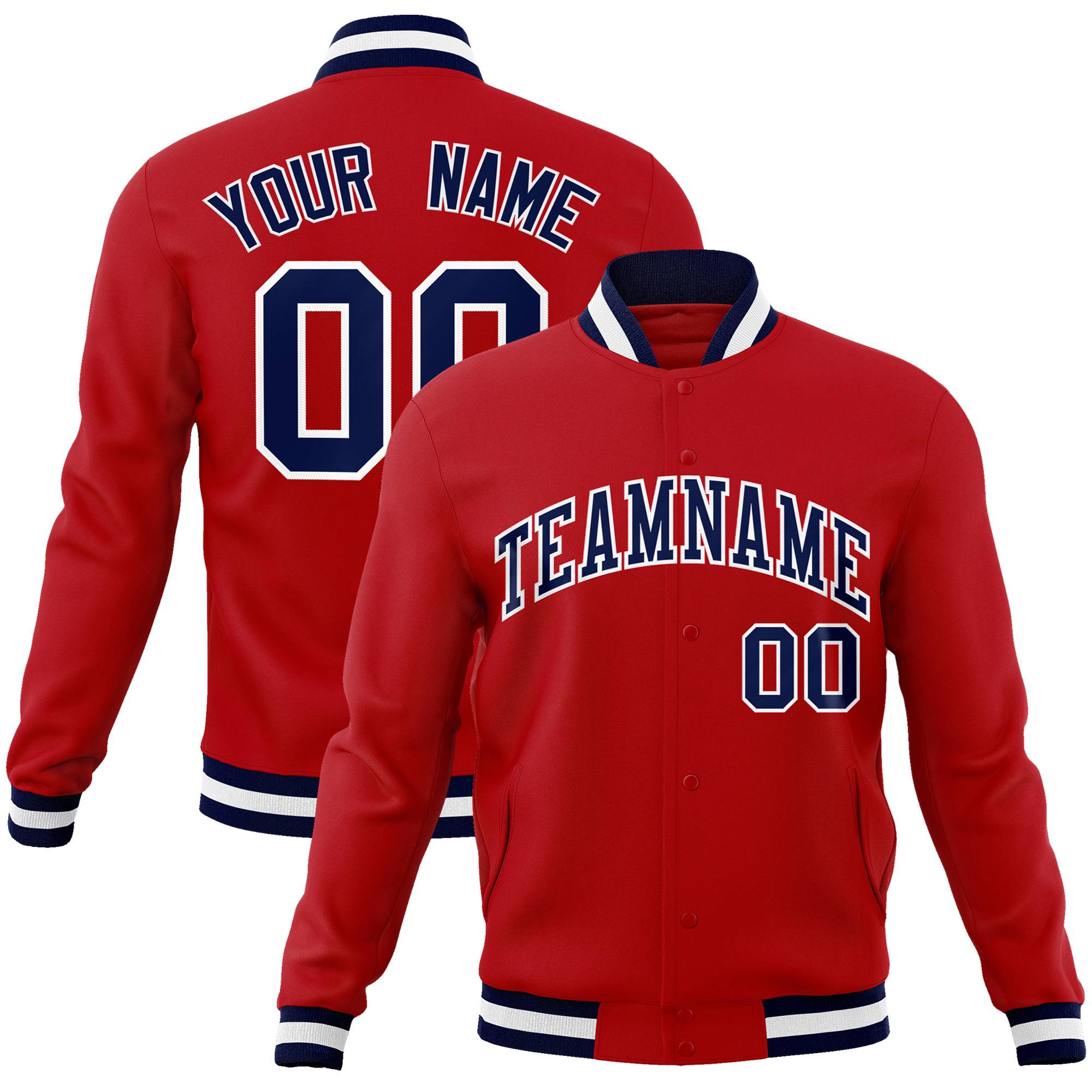 Custom Royal- Red- Navy Bomber Full-Snap Varsity Letterman Jacket