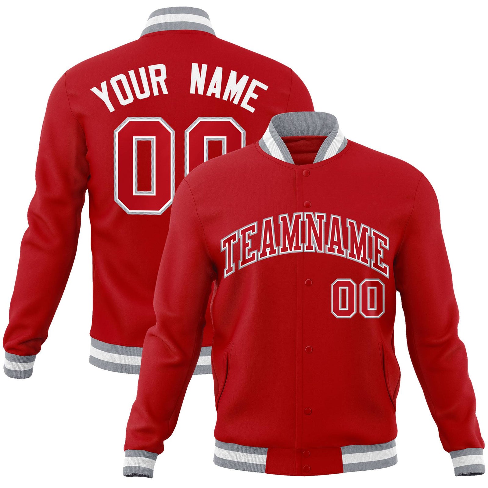 Custom Red- Gray-White Bomber Full-Snap Varsity Letterman Jacket