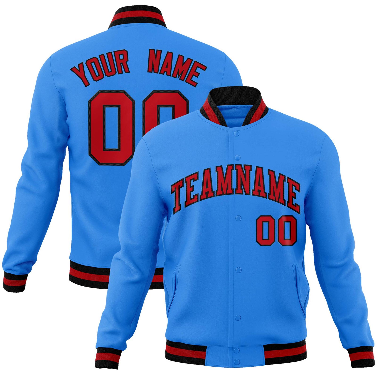 Custom Powder Blue-Red-Black Bomber Full-Snap Varsity Letterman Jacket