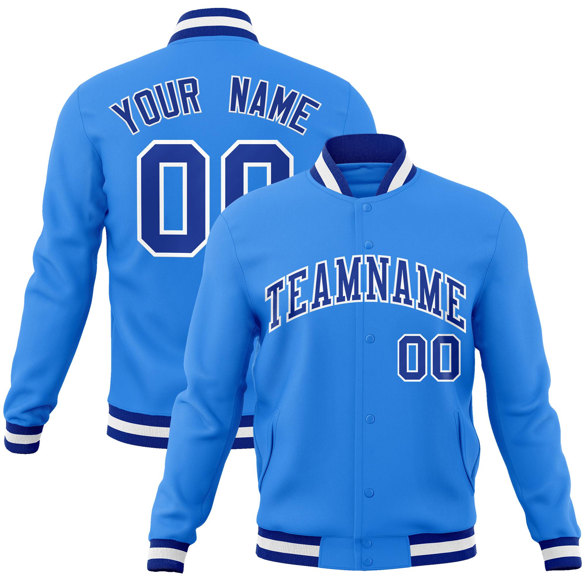 Custom Powder Blue- White-Royal Blue Bomber Full-Snap Varsity Letterman Jacket