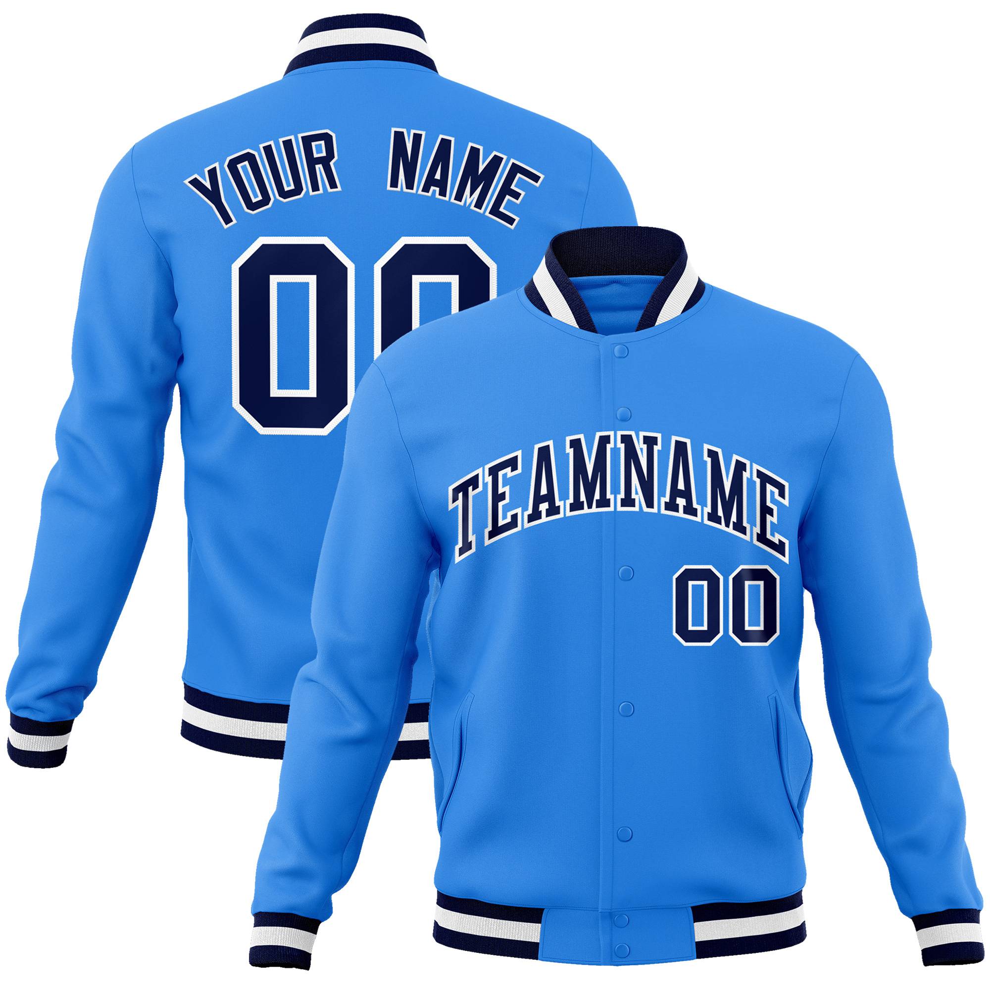 Custom Powder Blue- Navy-White Bomber Full-Snap Varsity Letterman Jacket