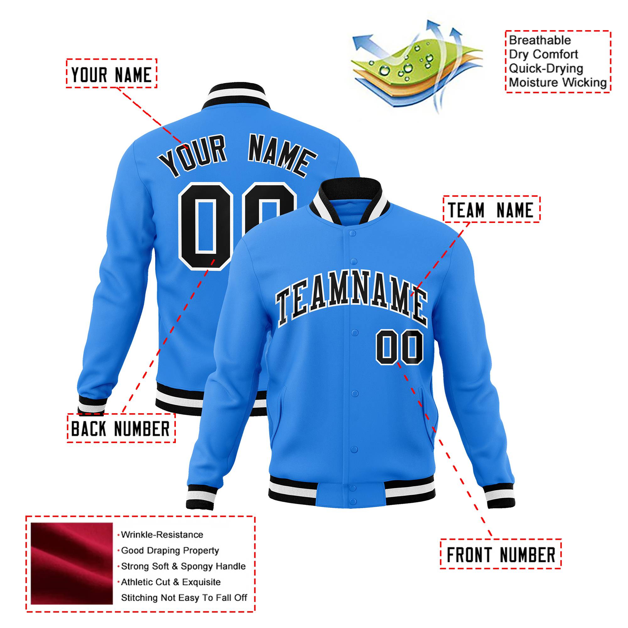 Custom Powder Blue- Black-White Bomber Full-Snap Varsity Letterman Jacket