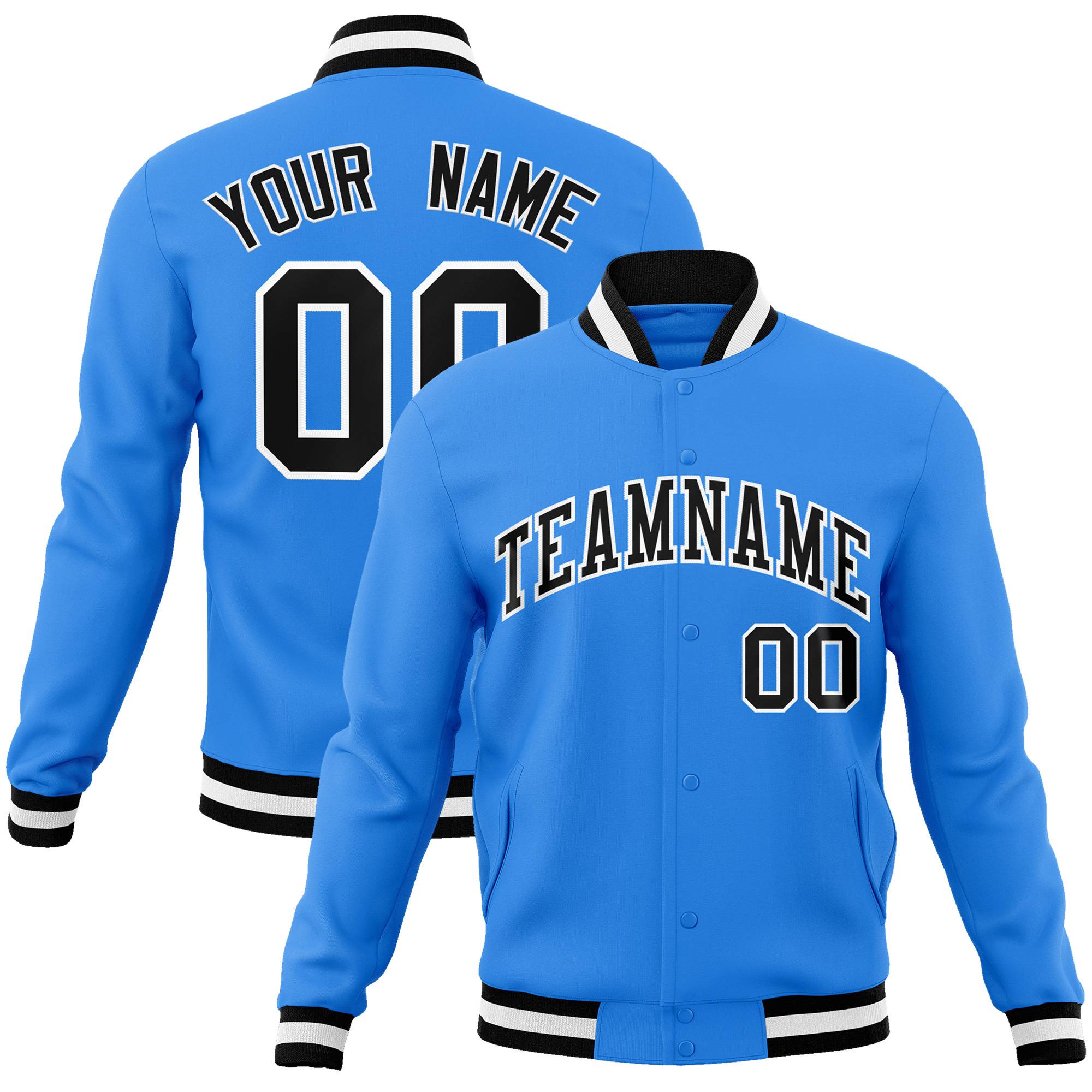 Custom Powder Blue- Black-White Bomber Full-Snap Varsity Letterman Jacket