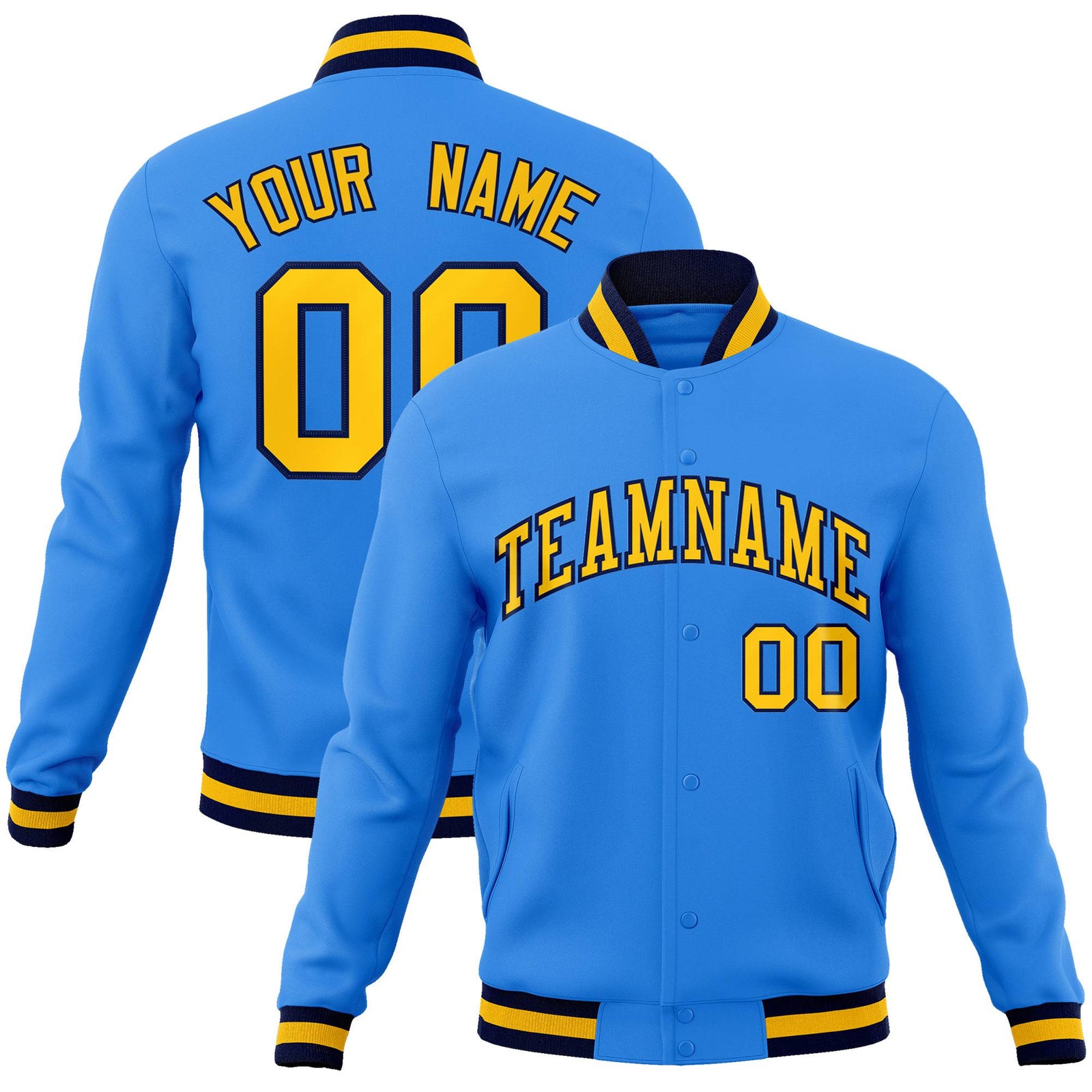 Custom Powder Blue- Yellow-Navy Bomber Full-Snap Varsity Letterman Jacket