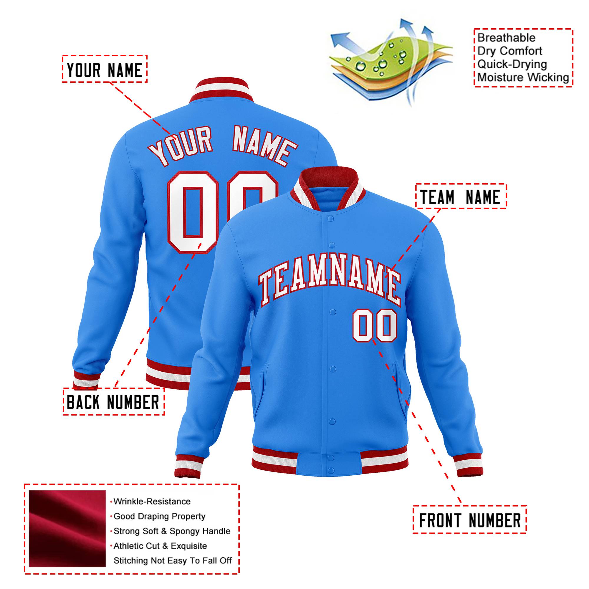 Custom Powder Blue- White-Red Bomber Full-Snap Varsity Letterman Jacket