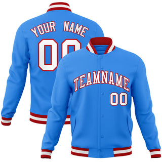 Chaqueta universitaria personalizada de estilo universitario con cierre de presión, en azul claro, blanco y rojo - Estilo 1