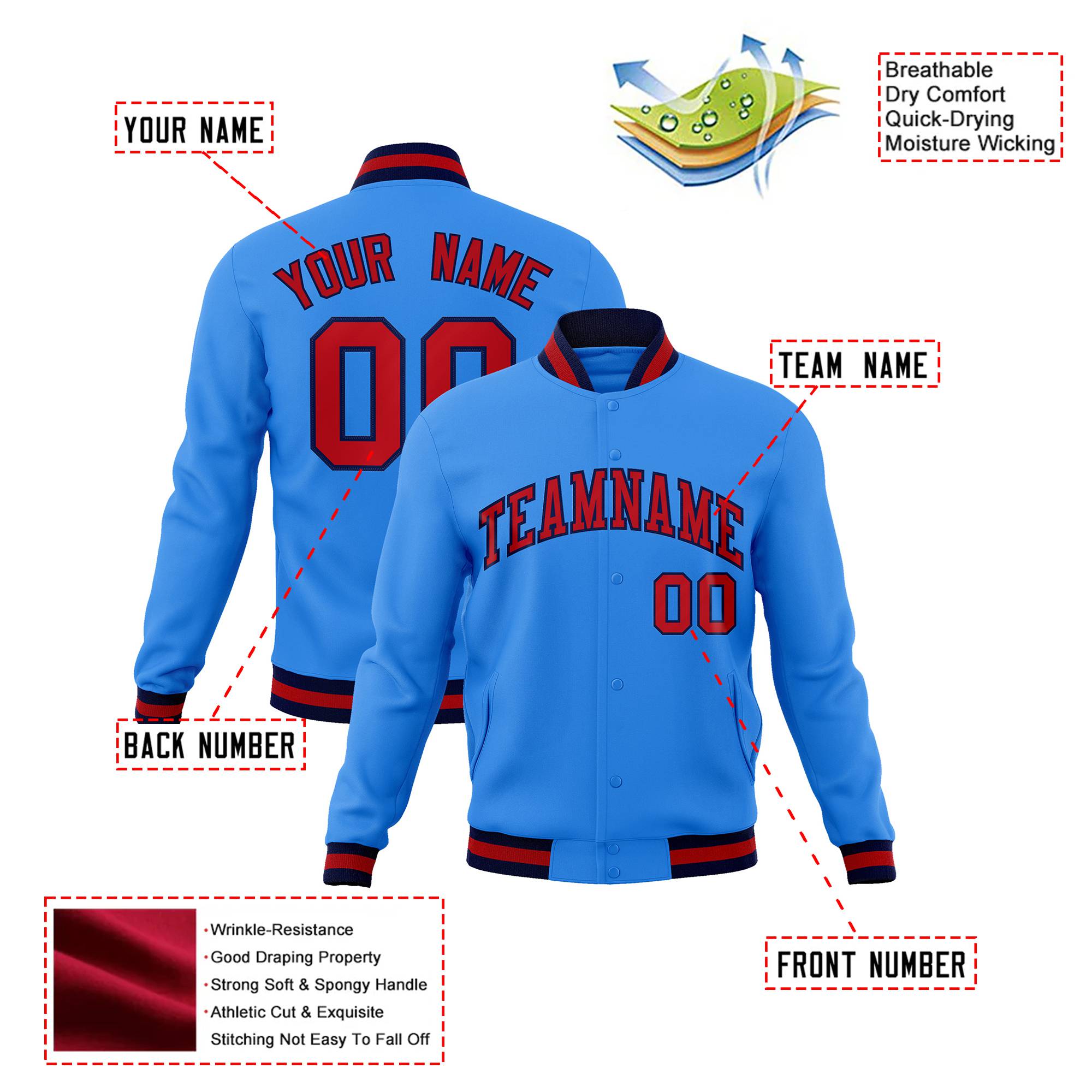 Custom Powder Blue-Red-Navy Bomber Full-Snap Varsity Letterman Jacket