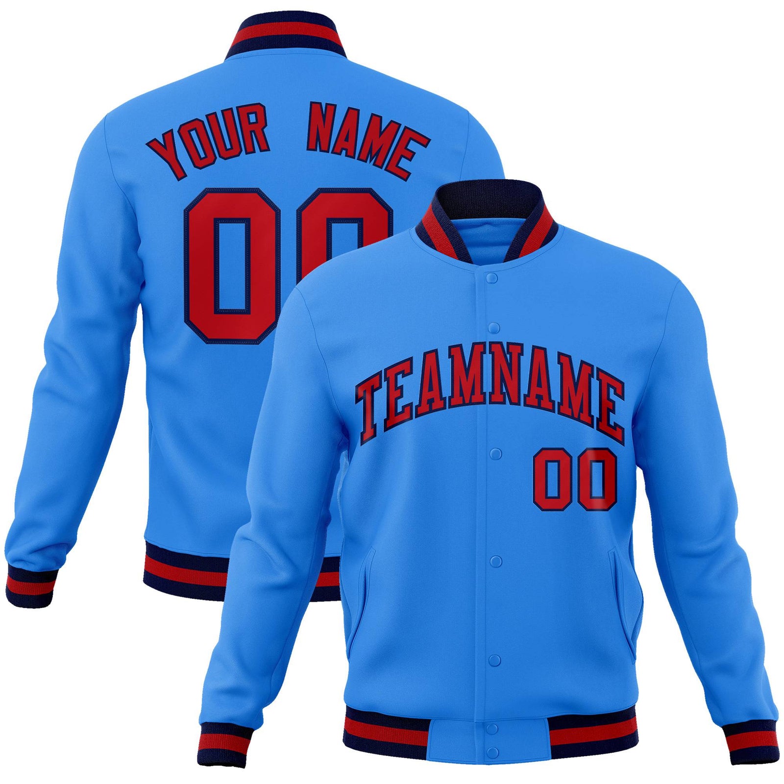 Custom Powder Blue-Red-Navy Bomber Full-Snap Varsity Letterman Jacket