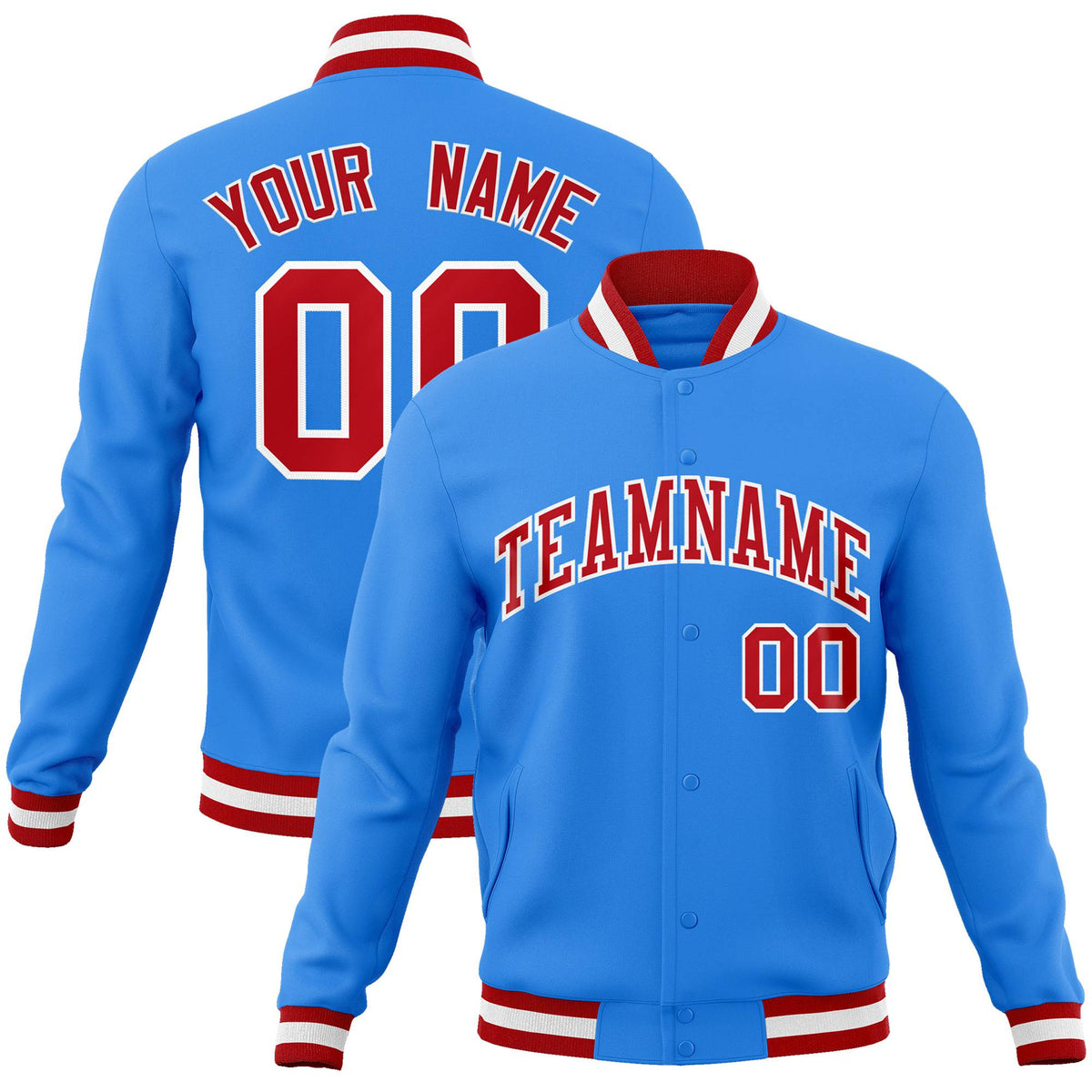 Custom Electric Blue Red-White Bomber Full-Snap Varsity Letterman Jacket