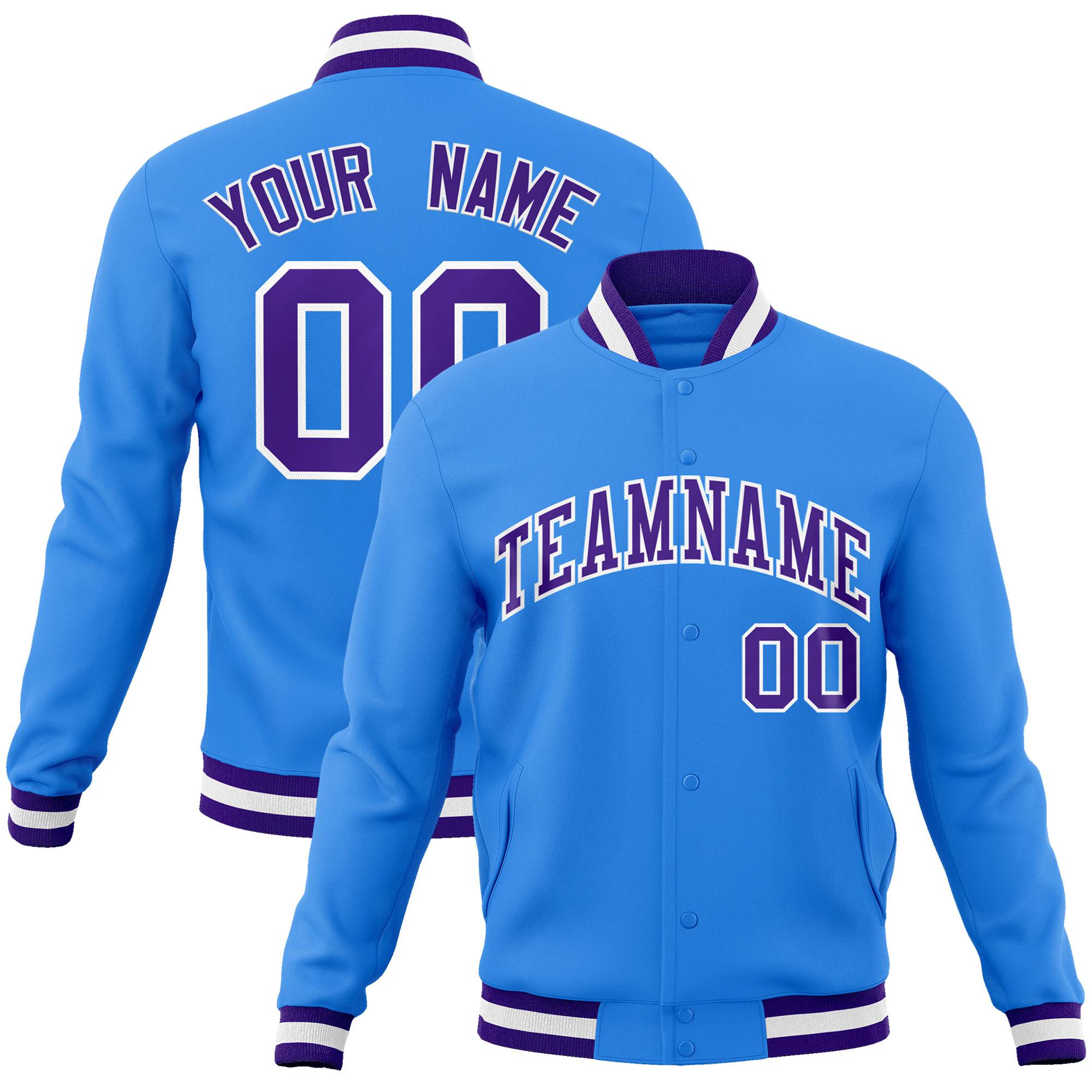 Custom Powder Blue-Purple-White Bomber Full-Snap Varsity Letterman Jacket