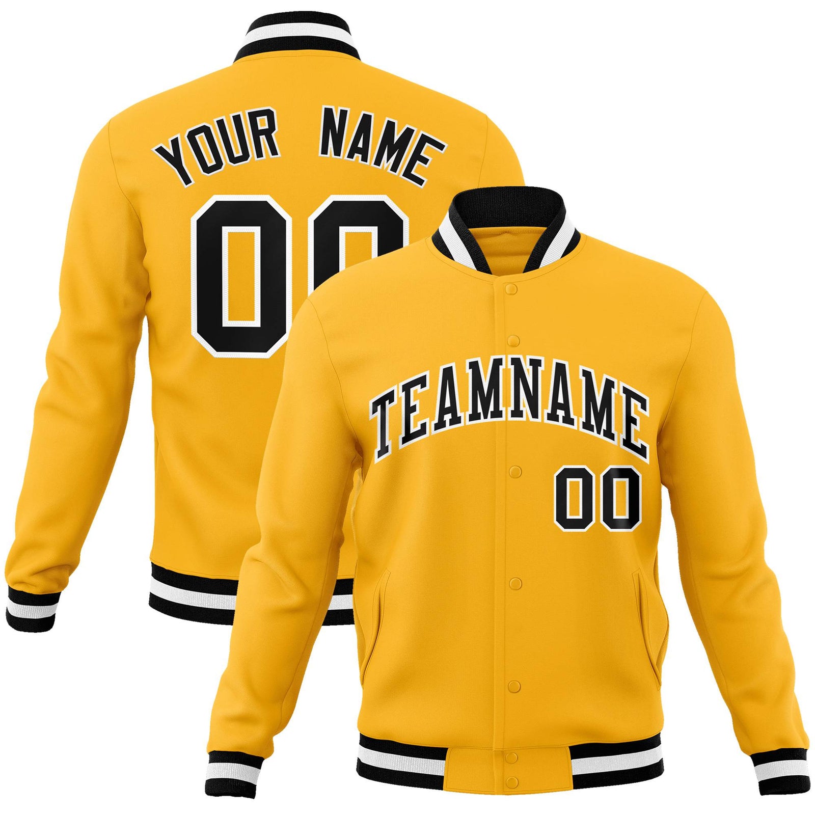 Custom Yellow Black-White Bomber Full-Snap Varsity Letterman Jacket