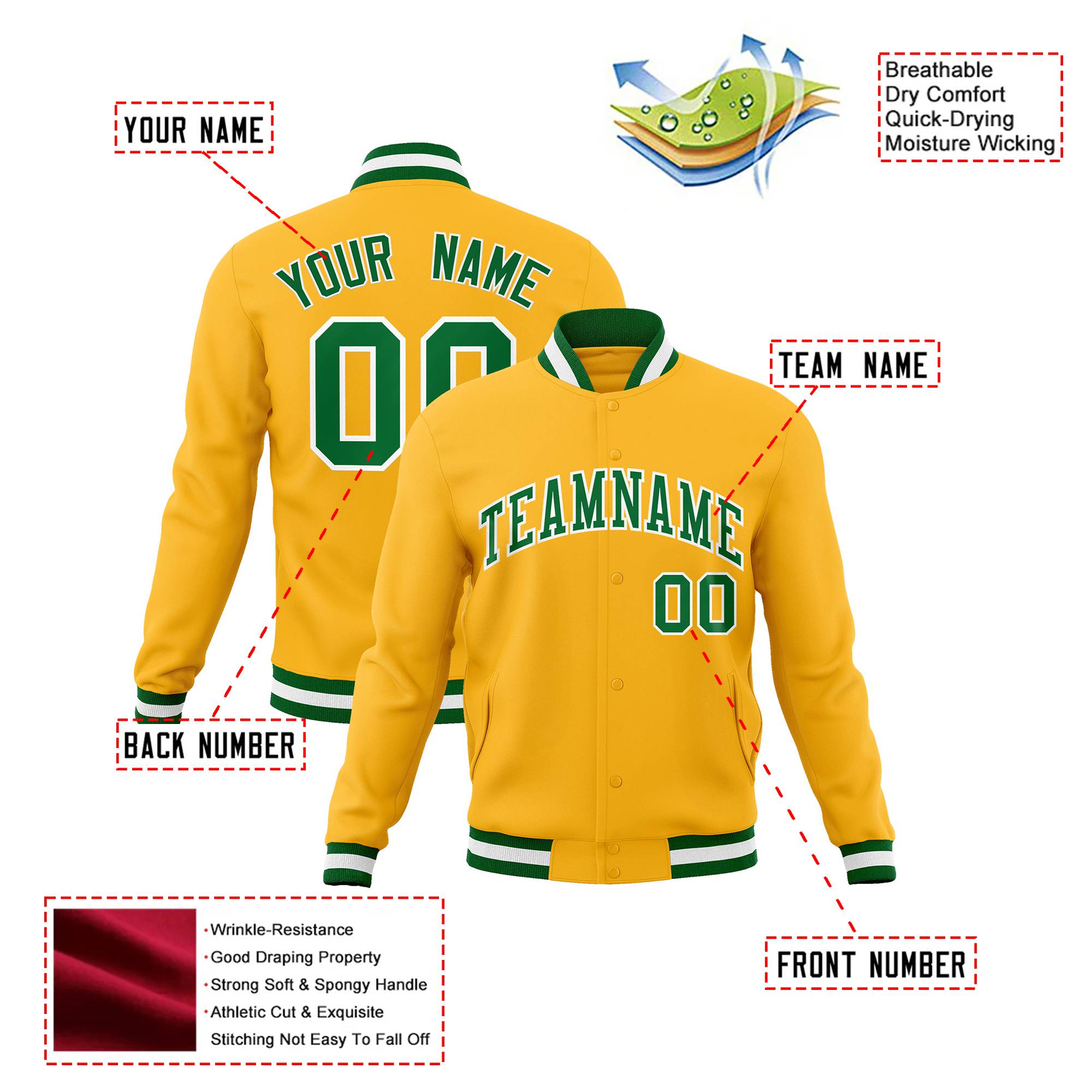 Custom Yellow-Kelly Green- White Bomber Full-Snap Varsity Letterman Jacket