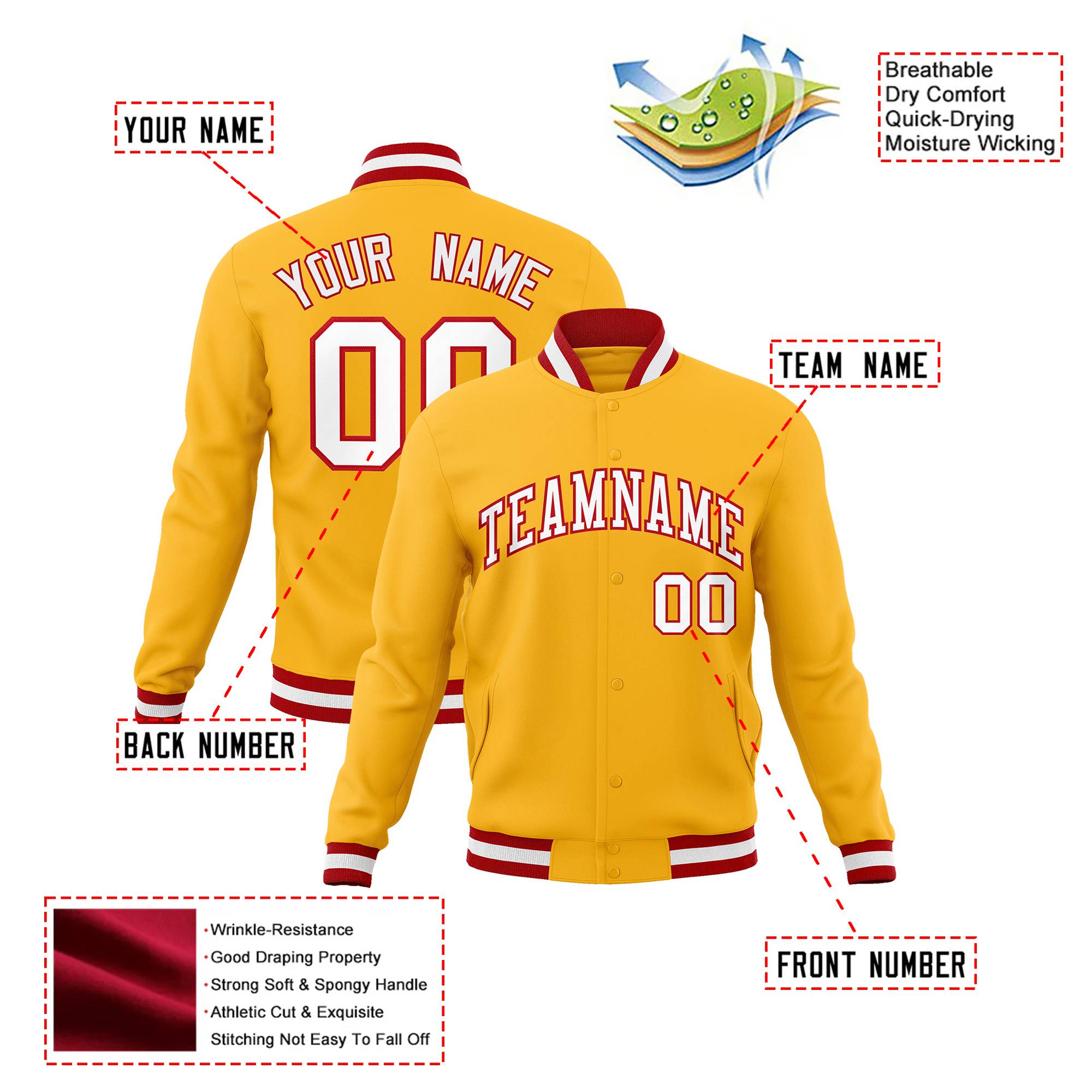 Custom Yellow- White-Red Bomber Full-Snap Varsity Letterman Jacket