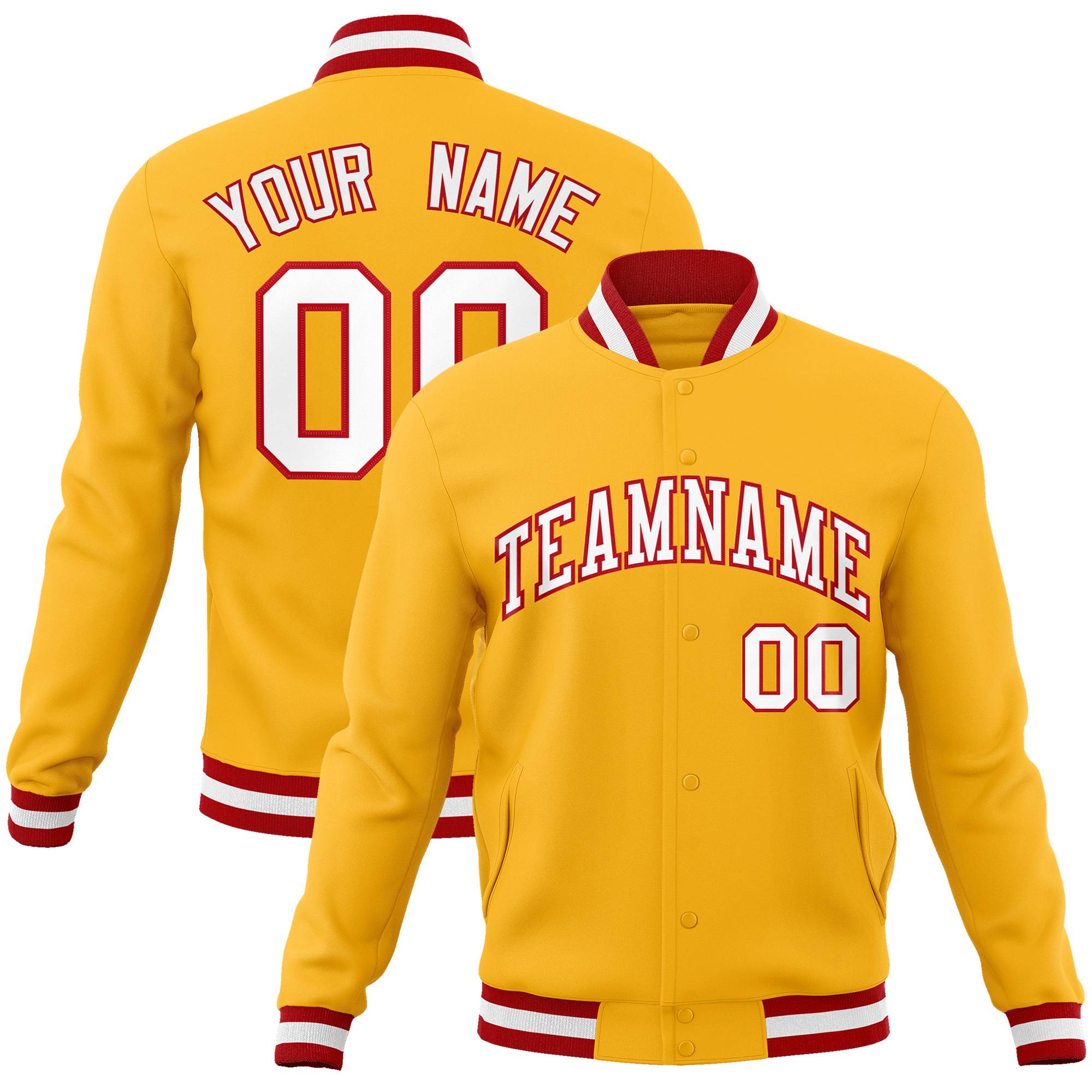 Custom Yellow- White-Red Bomber Full-Snap Varsity Letterman Jacket