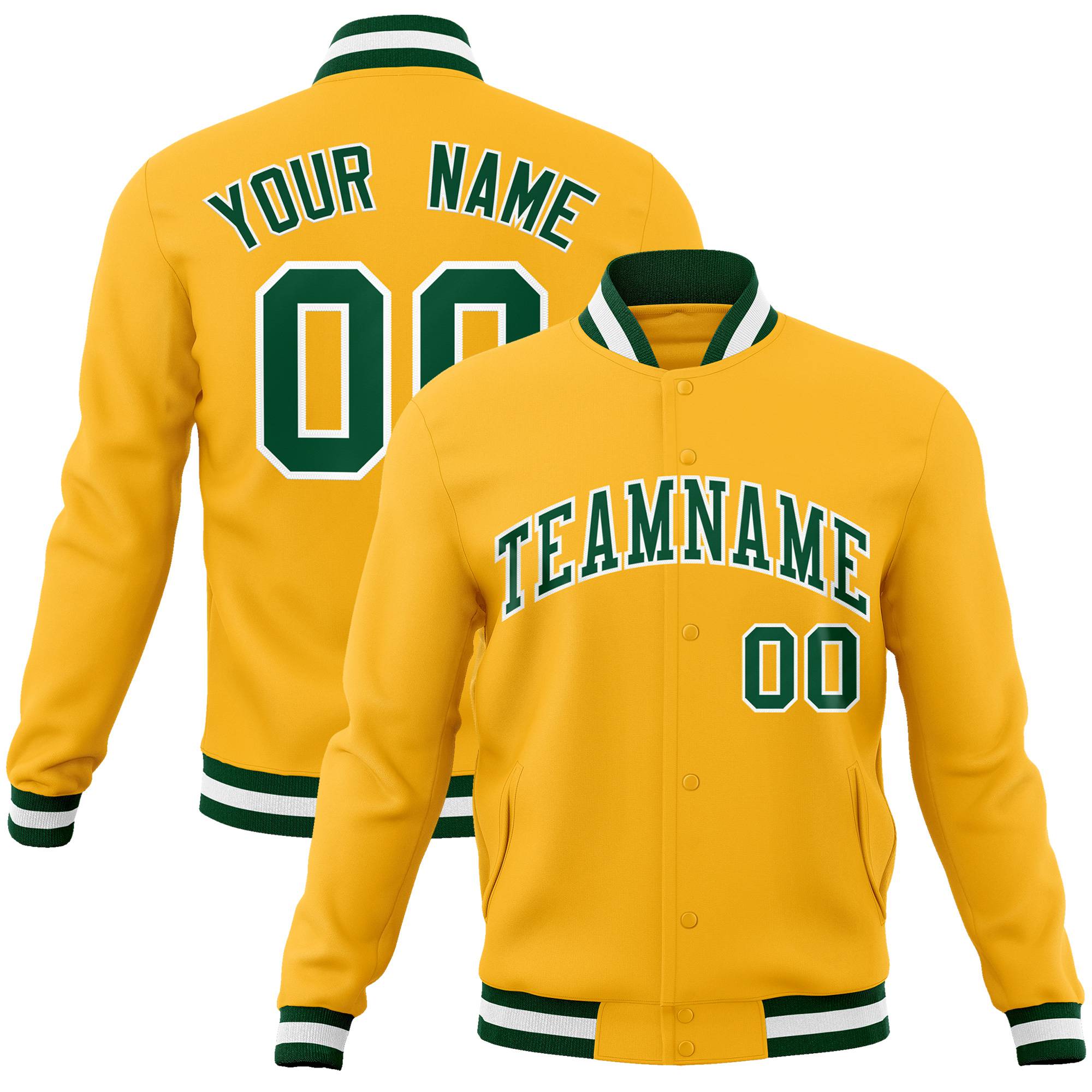 Custom Yellow- Kelly-Green White Bomber Full-Snap Varsity Letterman Jacket