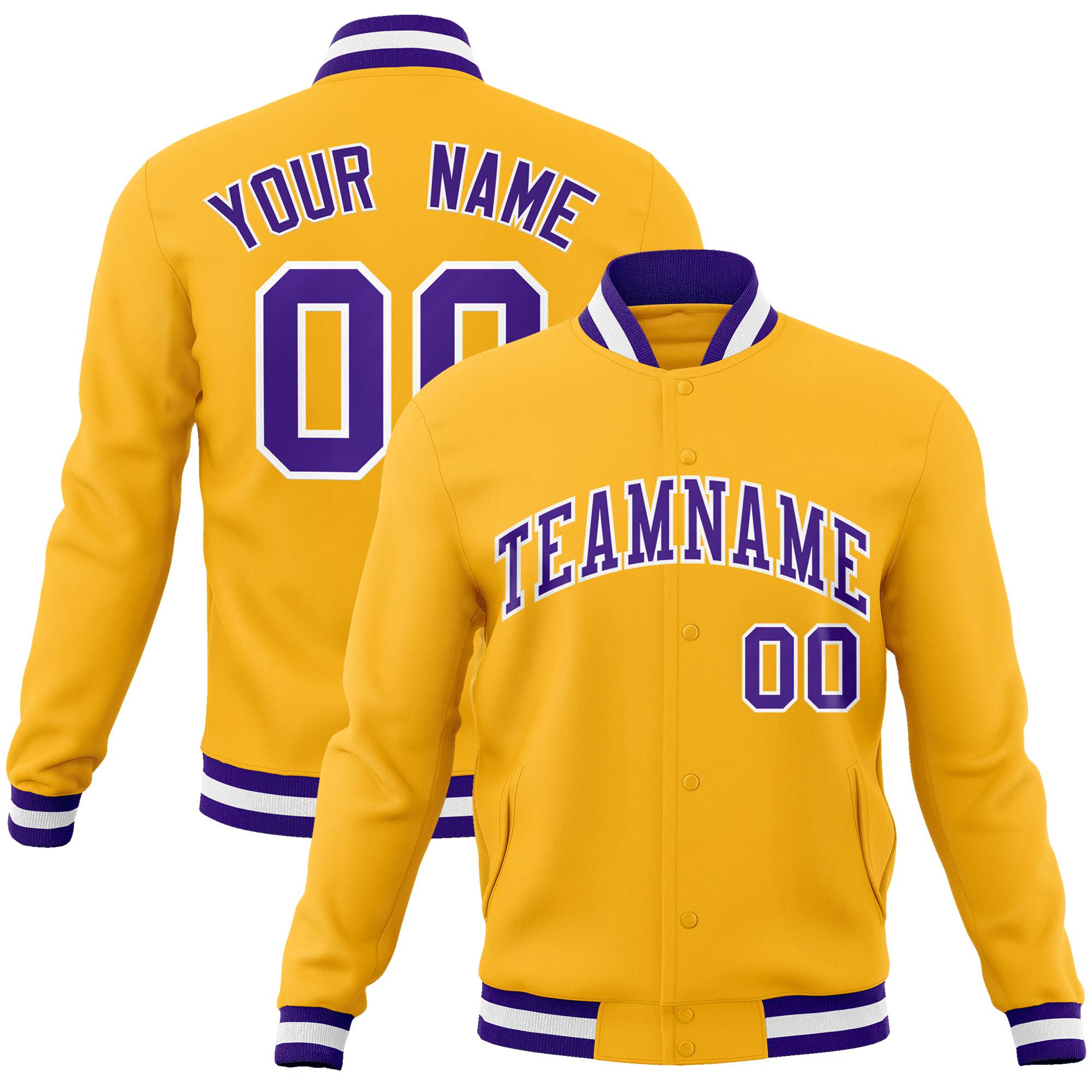 Custom Yellow- Purple-White Bomber Full-Snap Varsity Letterman Jacket