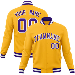Chaqueta universitaria personalizada con cierre de presión, color amarillo, morado y blanco - Estilo 1