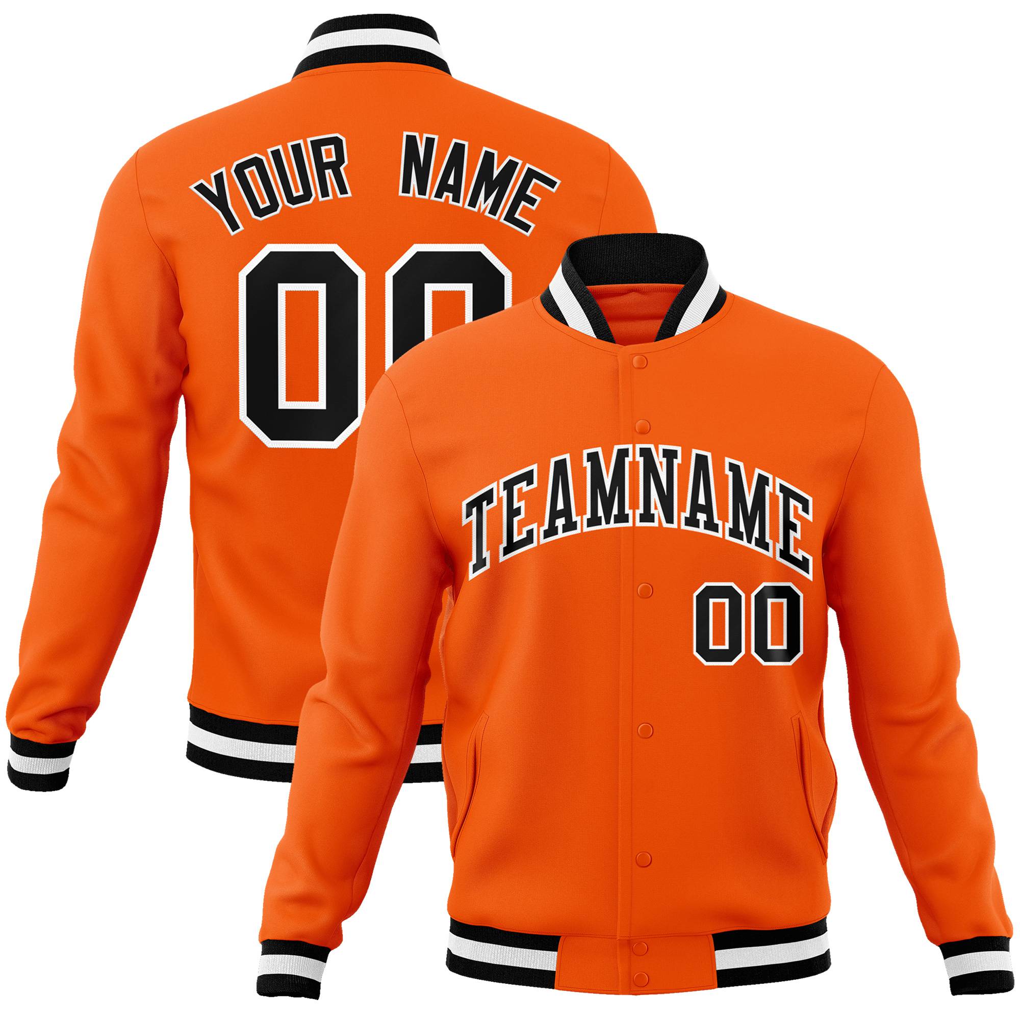 Custom Orange- Black-White Bomber Full-Snap Varsity Letterman Jacket